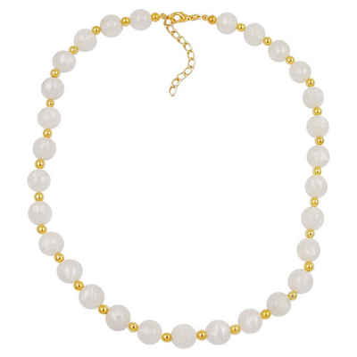 unbespielt Collier Perlenkette seidig-weiss und goldfarbene Kunststoffperlen 80 cm, Modeschmuck für Damen