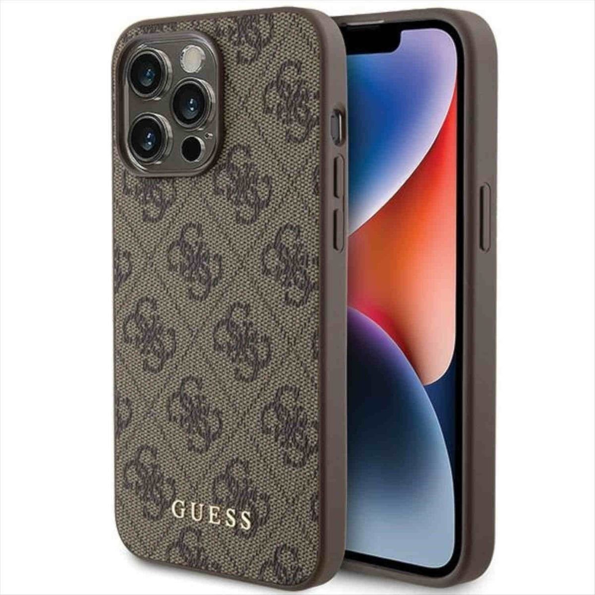 Smartphone-Hülle Guess Apple iPhone 15 Pro Max Case Hülle 4G Metal Gold Logo Braun