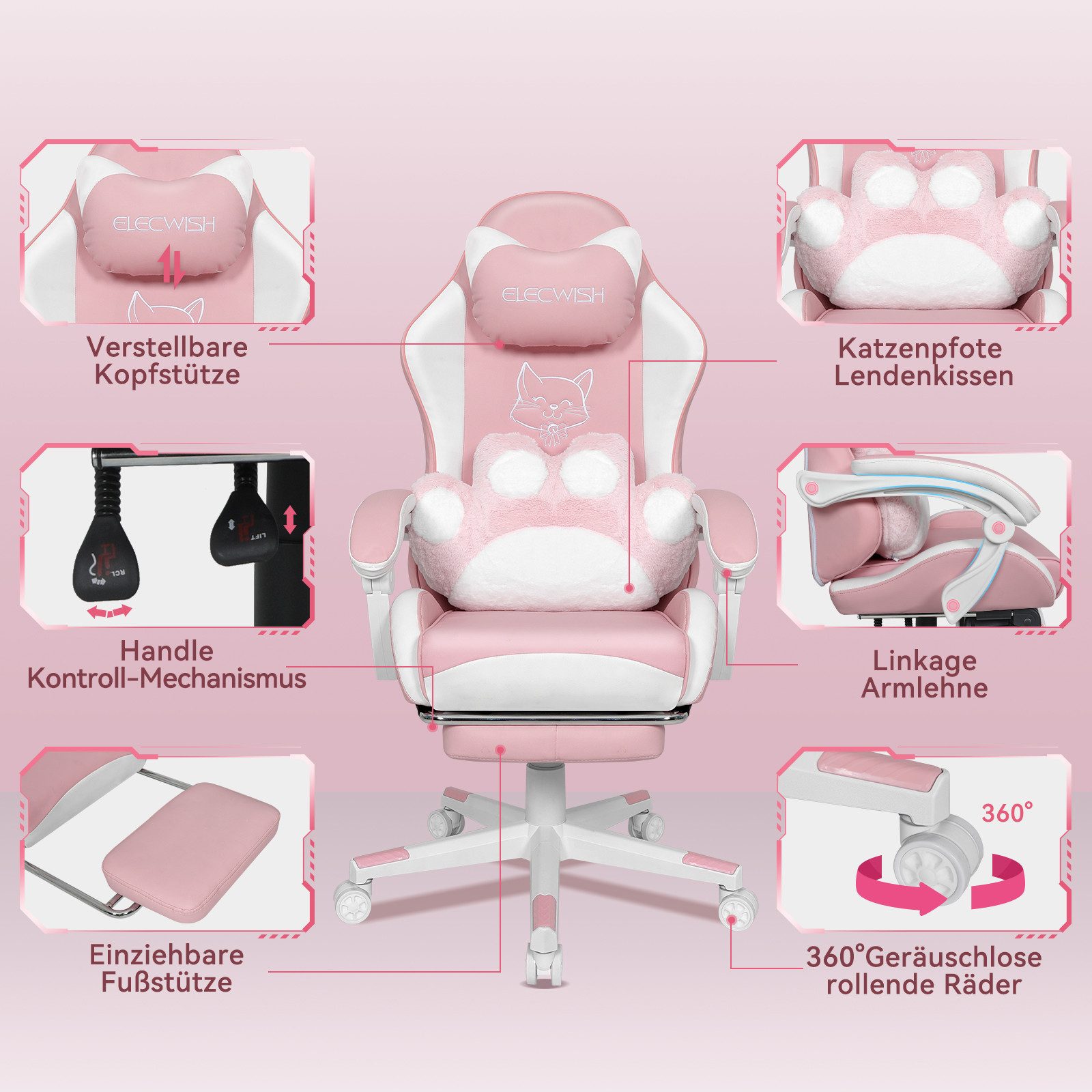 Puluomis Gaming-Stuhl Bürostuhl Ergonomisch mit Katzenpfote Lendenkissen un günstig online kaufen