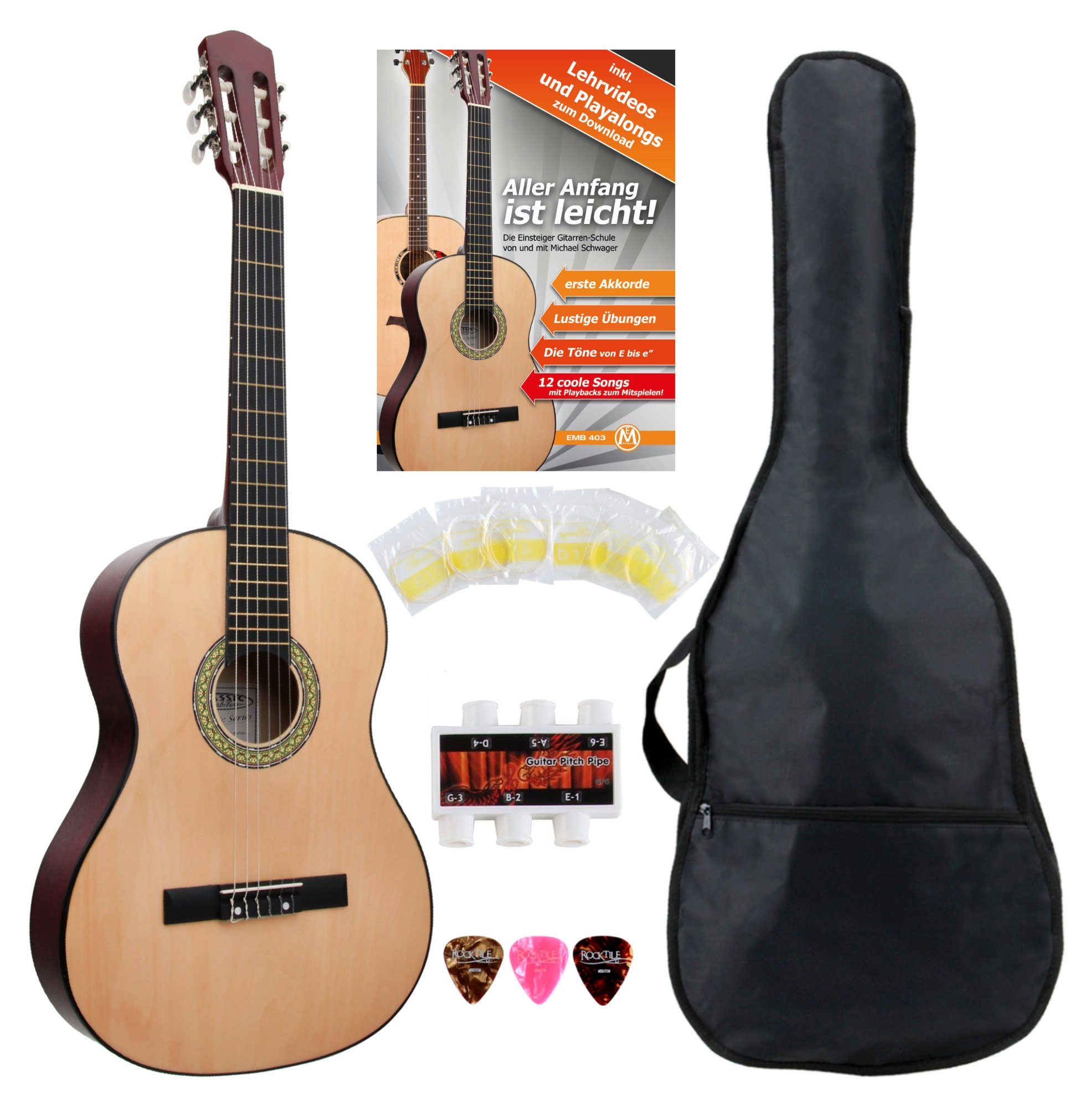 Classic Cantabile Konzertgitarre AS-851 Starter Set, 1/2, mit Gitarre, Tasche, Nylonsaiten, Schule, 3x Plektren und Stimmpfeife