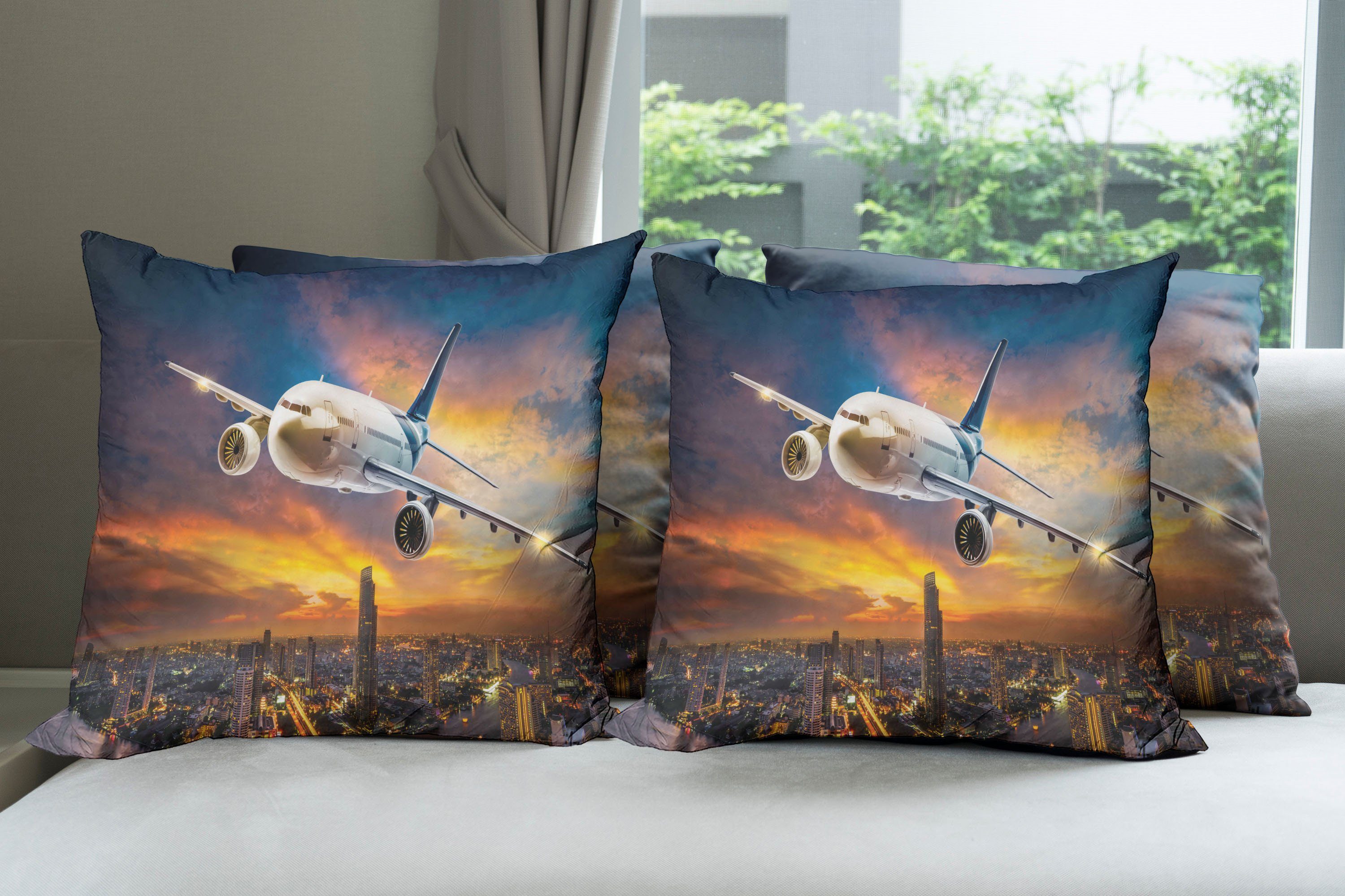 Kissenbezüge Modern Accent mit Flugzeug Abakuhaus Doppelseitiger dem Stück), (4 Digitaldruck, Reise Nachtszene