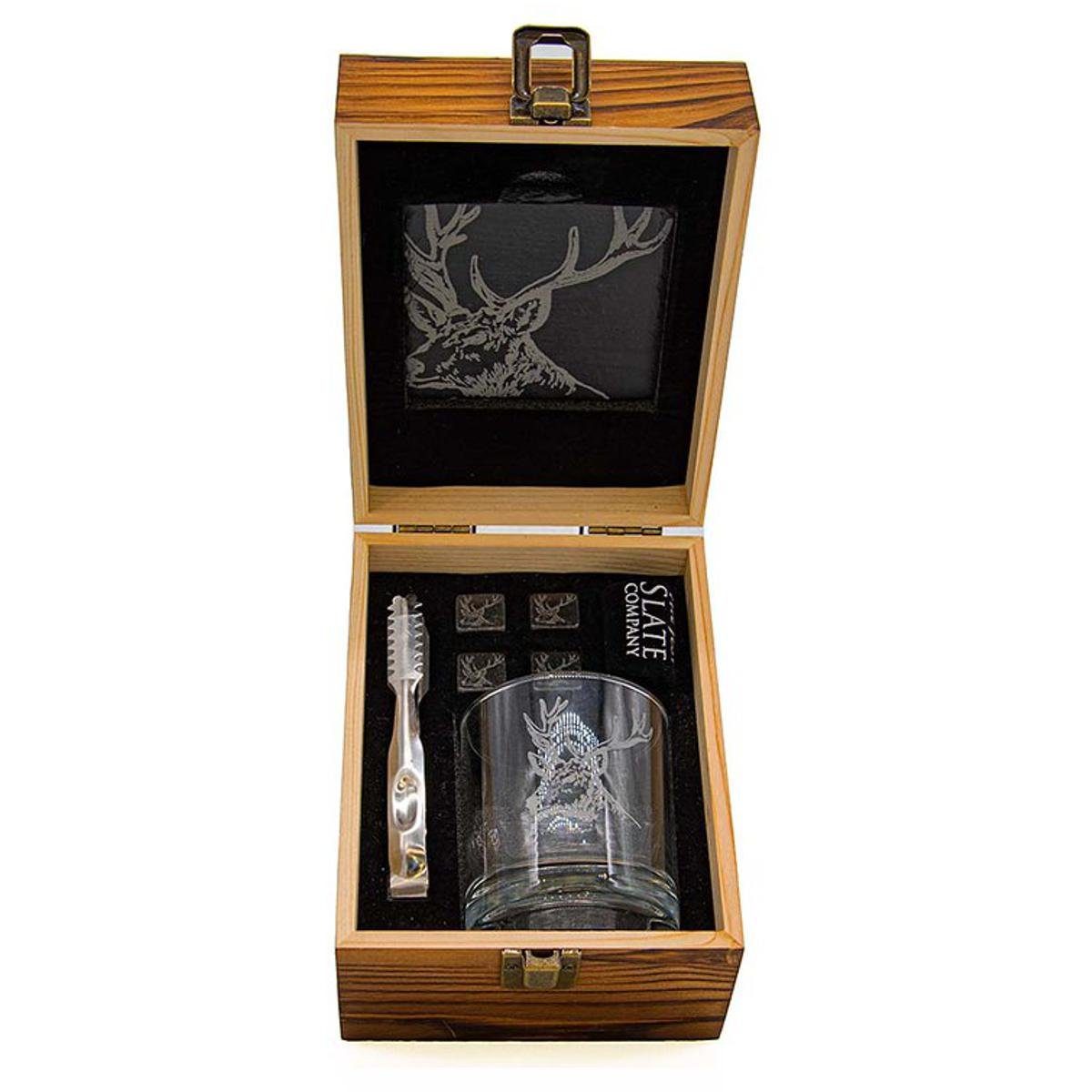 Whiskyglas Selbrae House 7-tlg Whisky Drink-Set, Hirsch in Echt-Holz -Box