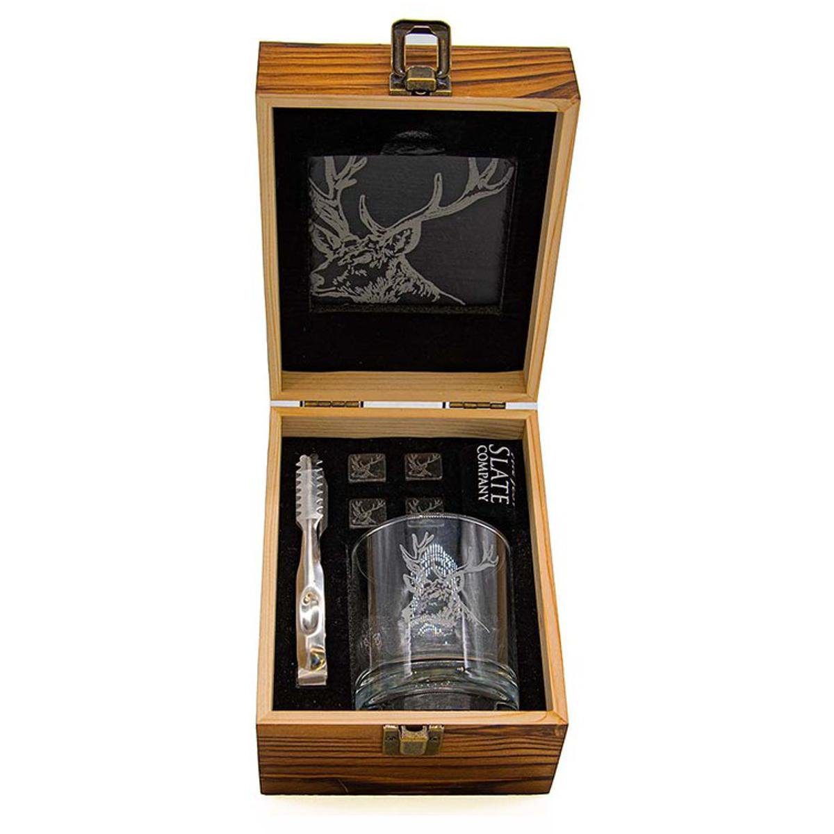 440s Whiskyglas Selbrae House 7-tlg Whisky Drink-Set, Motiv: Hirsch in Echt-Holz, Schiefer/Glas/Metall/Stein/Holz