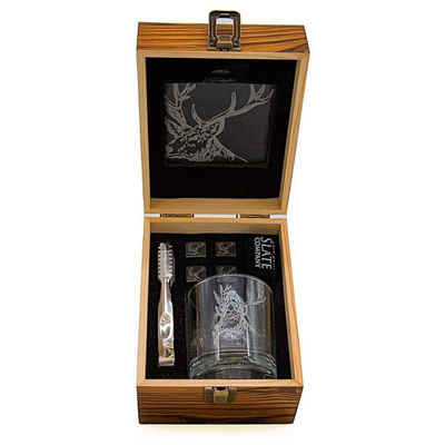 440s Whiskyglas Selbrae House 7-tlg Whisky Drink-Set, Motiv: Hirsch in Echt-Holz, Schiefer/Glas/Metall/Stein/Holz