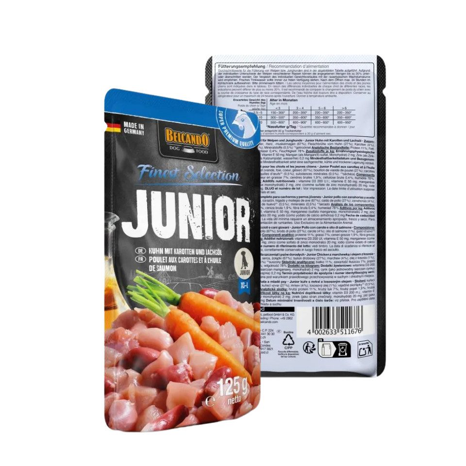 Belcando Junior Huhn mit Karotten & Lachsöl - Nassfutter für Junghunde 12x125g, Nassfutter für: Hunde