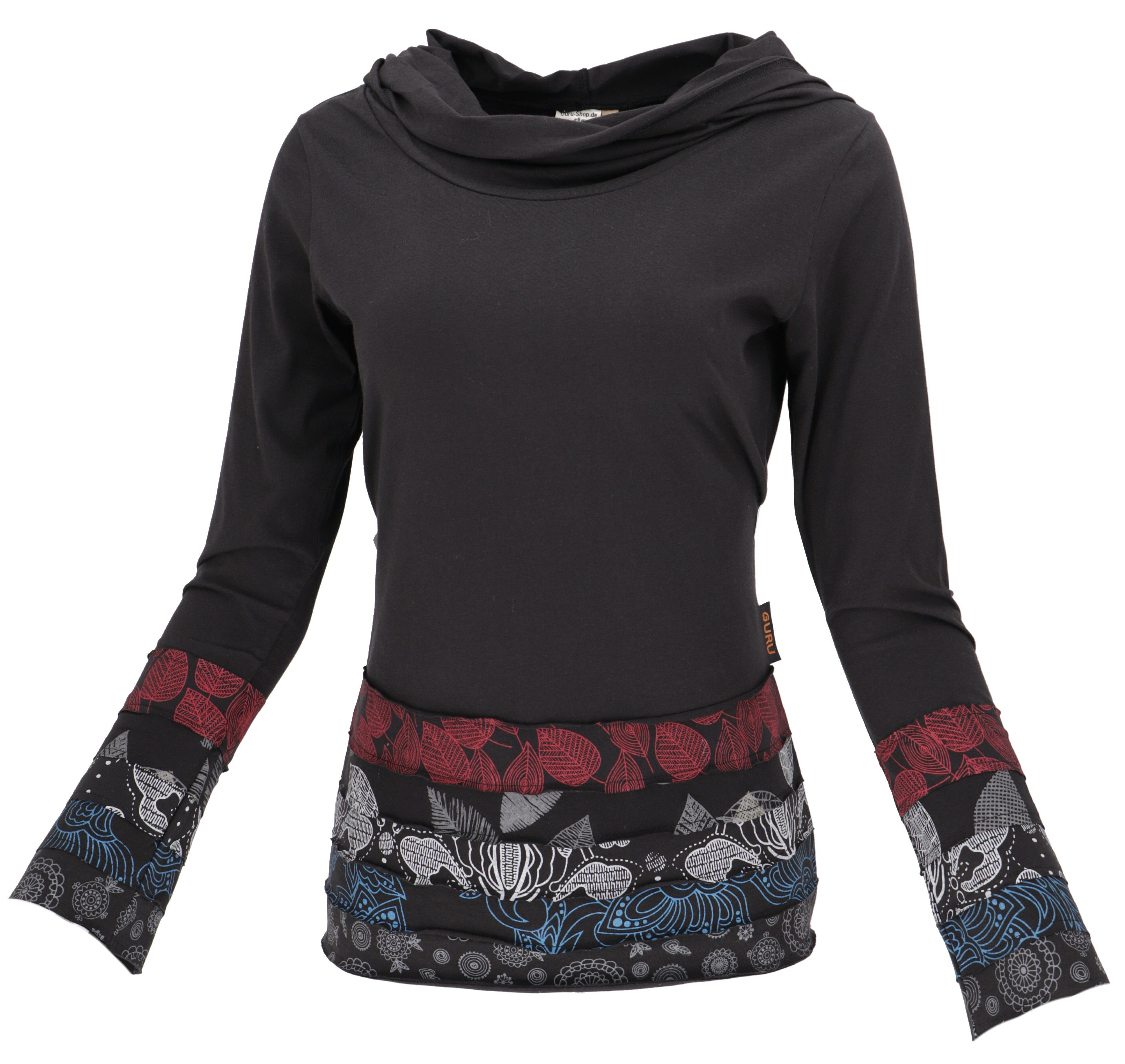 Longsleeve Kapuzenshirt, Boho Patchwork Shirt mit..