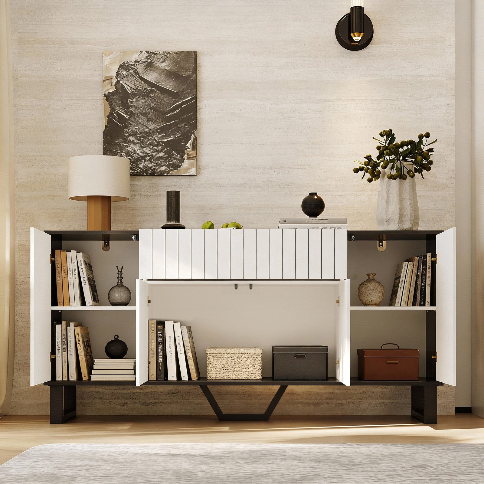 HOMSEE Sideboard mit 1 Schublade und 4 Türen – Modernes Schwarz-Weiß Design (1 St), 160x40x77,5 cm, Stauraumschrank für Küche, Flur & Wohnzimmer – Bild 4 von 5