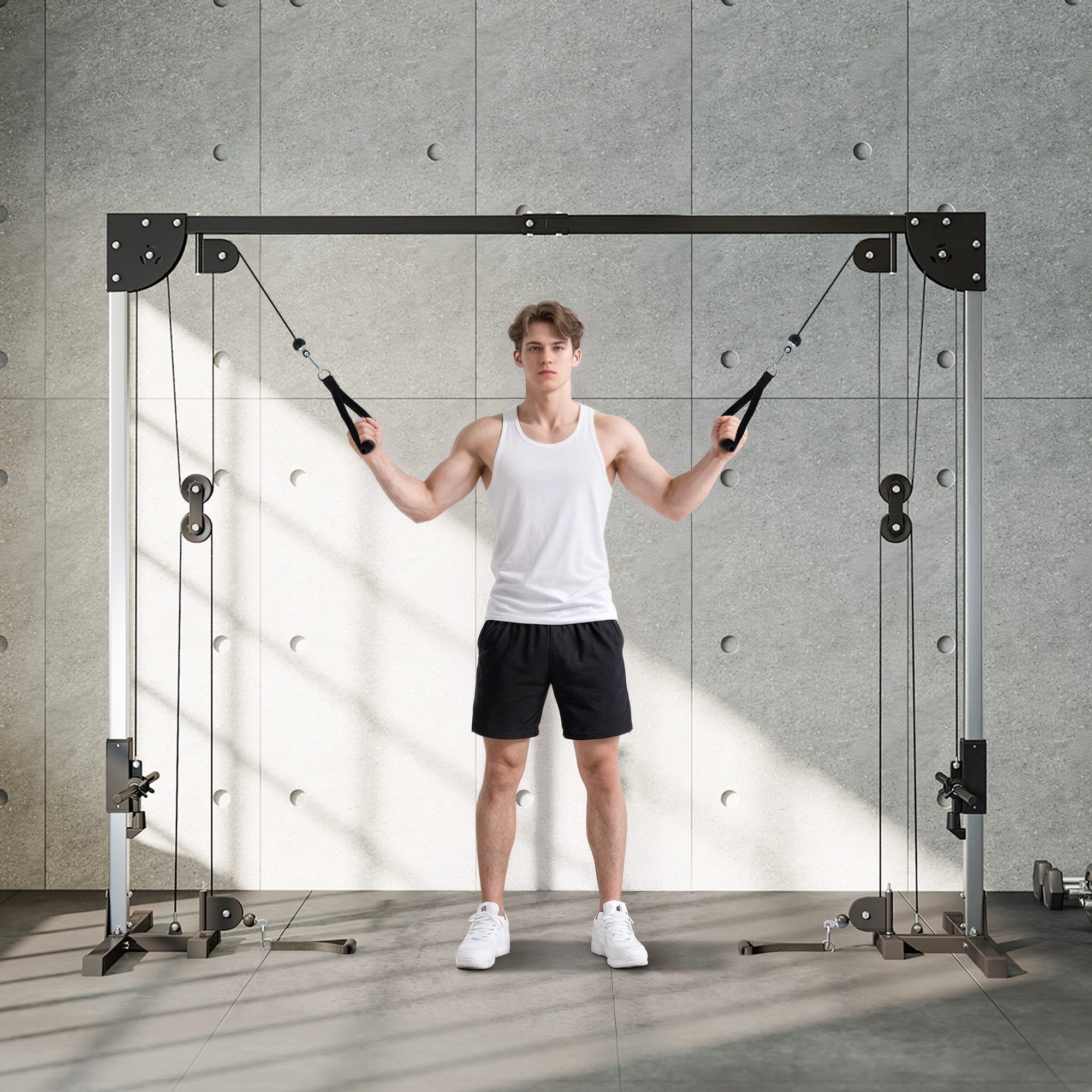 SPORTNOW Kraftstation Kabelzugstation, Cable-Crossover mit 50kg Steckgewichte, freistehend, 6 Gewichtsblöcke (Kabelzug Station für Zuhause, 2-tlg., Kabelzugstation mit Griffen), für Diverse Übungen im Homegym 245 x 207 cm