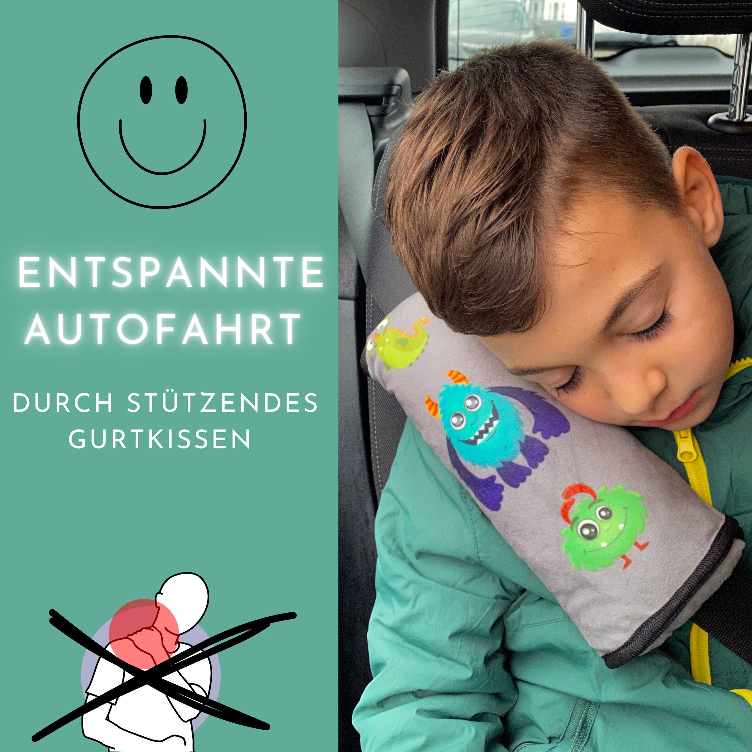 HECKBO Schlafkissen Auto Schlafkissen Monster Motiv für Kinder Mädchen Jungen Gurtkissen