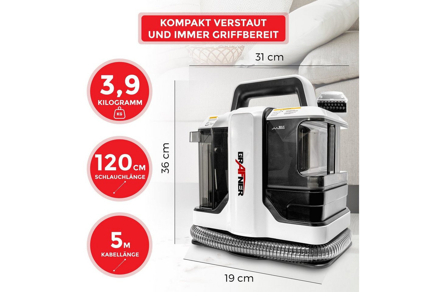 Grafner Staub-Wasch-Sauger Grafner Waschsauger mobil Polsterreiniger Teppichreiniger 450W tragbar, 450,00 W, beutellos, ohne Akku