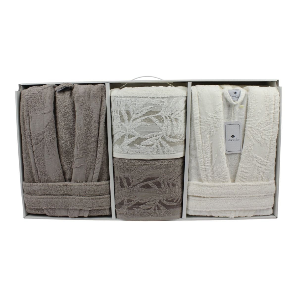 alesvelt Unisex-Bademantel Wellness Set 6 teilig aus Baumwolle, 2x Bademantel, 2x Badetuch, 2x Handtuch, mit Gürtel, 100% Baumwolle