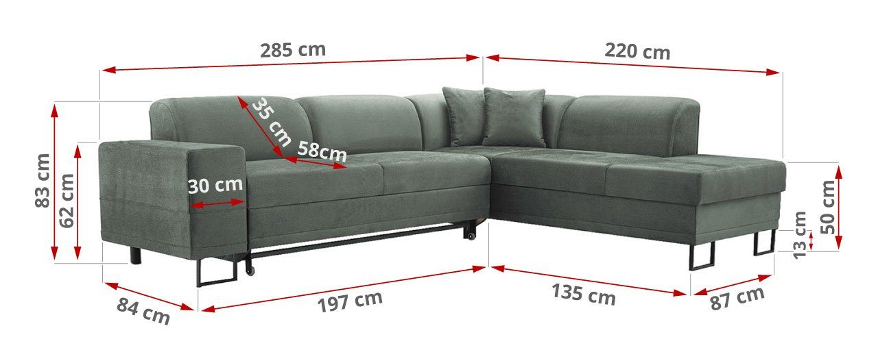 Ecksofa MÖBEL DORIA, Metallbeinen mit großes Solar Hellgrün auf MKS Ecksofa Schlaffunktion,