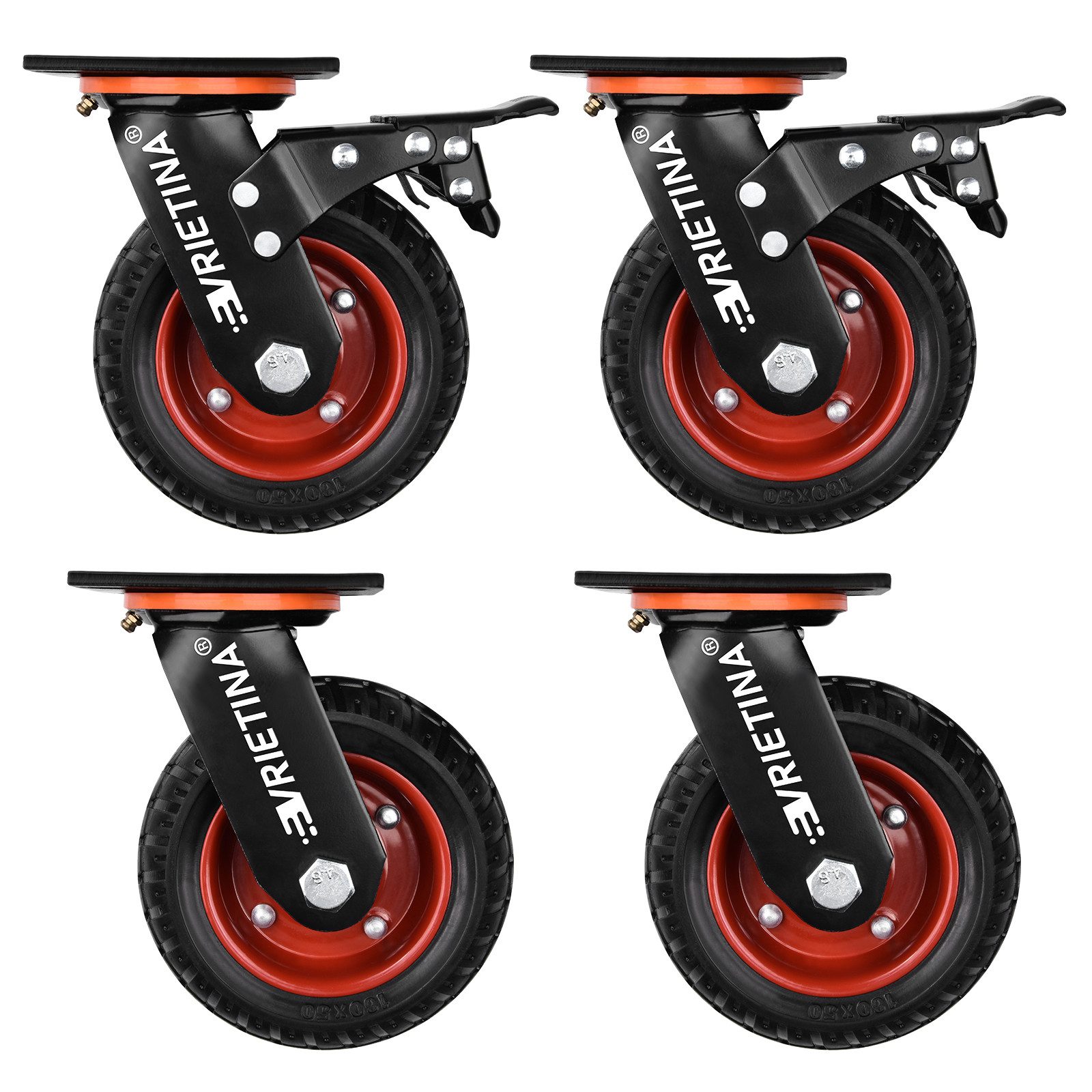 XERSEK Möbelrolle 4 Stück Schwerlastrollen 360° Lenkrollen mit Bremse Transportrollen, 150mm Transportrollen Vollgummi Rollen(2 Lenkrollen 2 Bremsrollen)