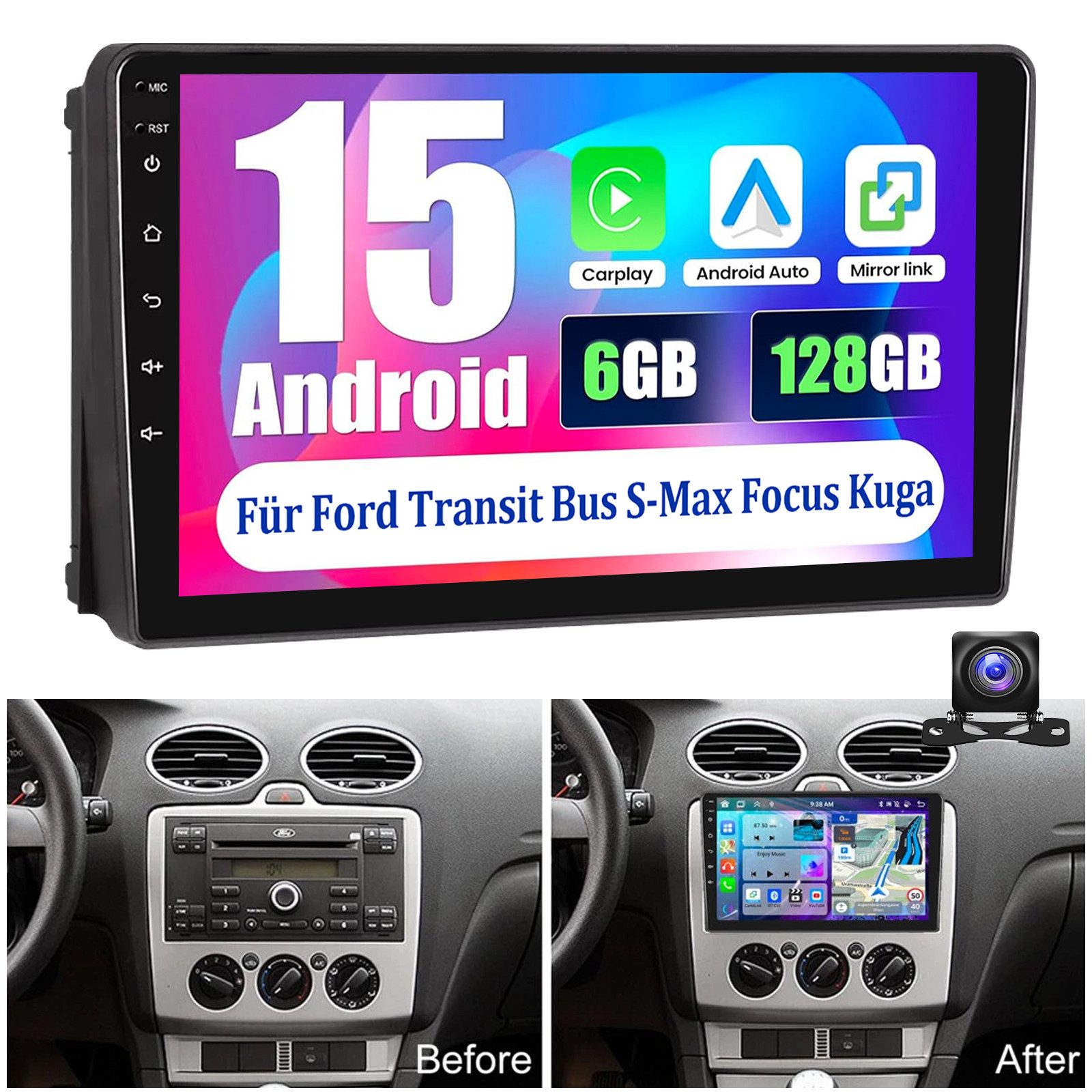 ESSGOO DAB+ Android 15 Für Ford Focus Transit MK7 Fiesta Kuga GPS NAVI 6+128G Autoradio (RDS, 6GB+128GB, 4G LTE, FM, AM, DAB+ (optional), Drahtlos Carplay und Android Auto. Zoll Octa-Core)