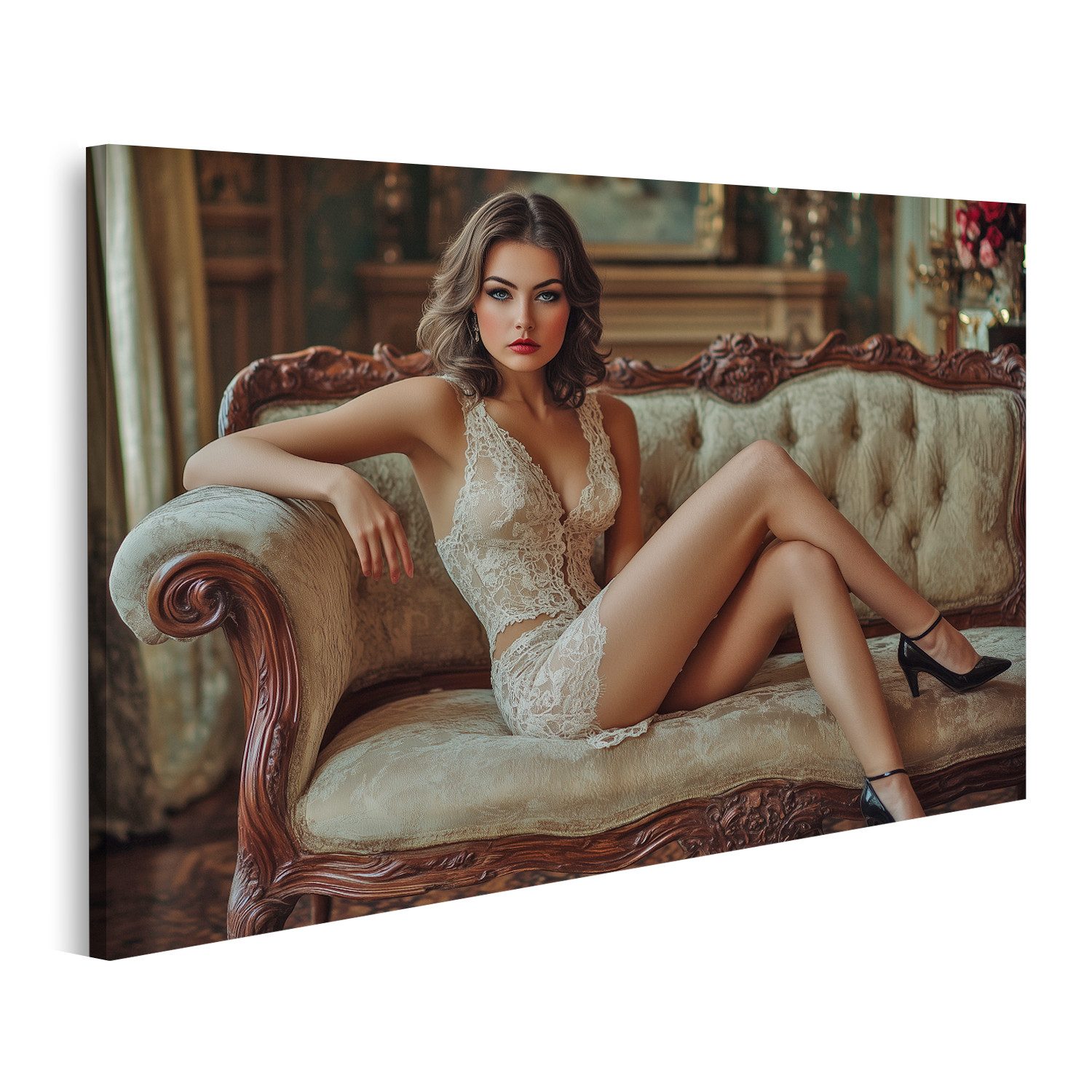 islandburner Leinwandbild Elegante Frau auf antikem Sofa in Spitzenkleid