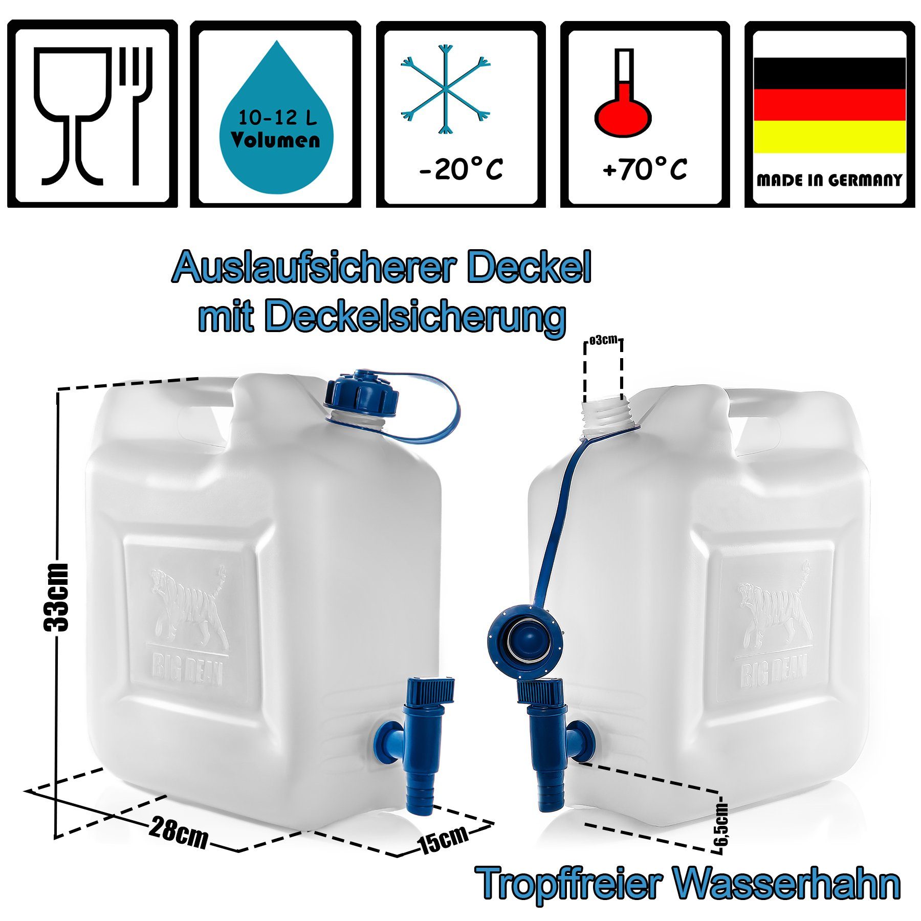 mit Trinkwasserkanister Wasserkanister St) Kanister 12l (1 BigDean Hahn Trinkwasserbehälter