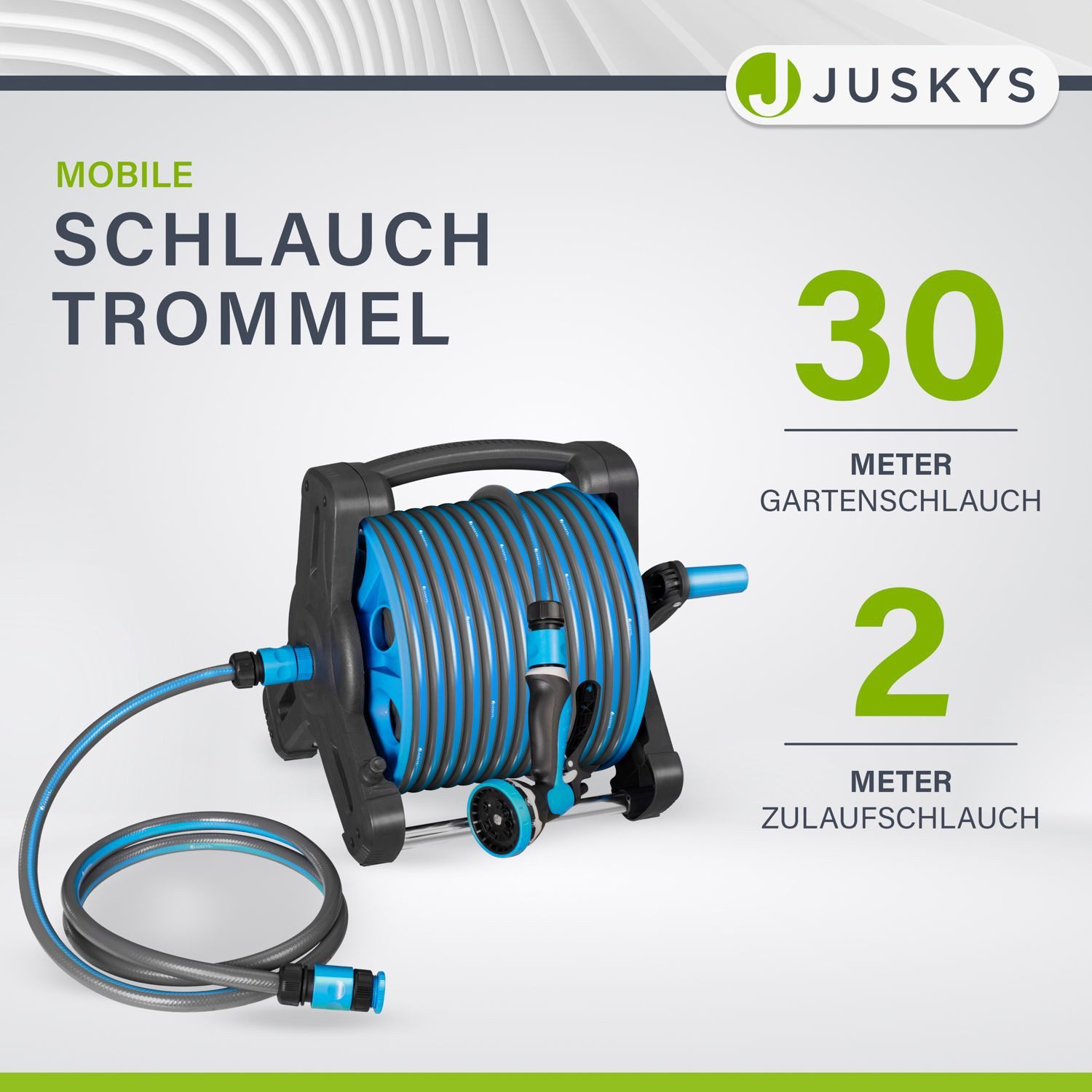 Juskys Schlauchtrommel Basic, 30 m, Multifunktionsbrause, 10 Funktionen, diverse Adapter