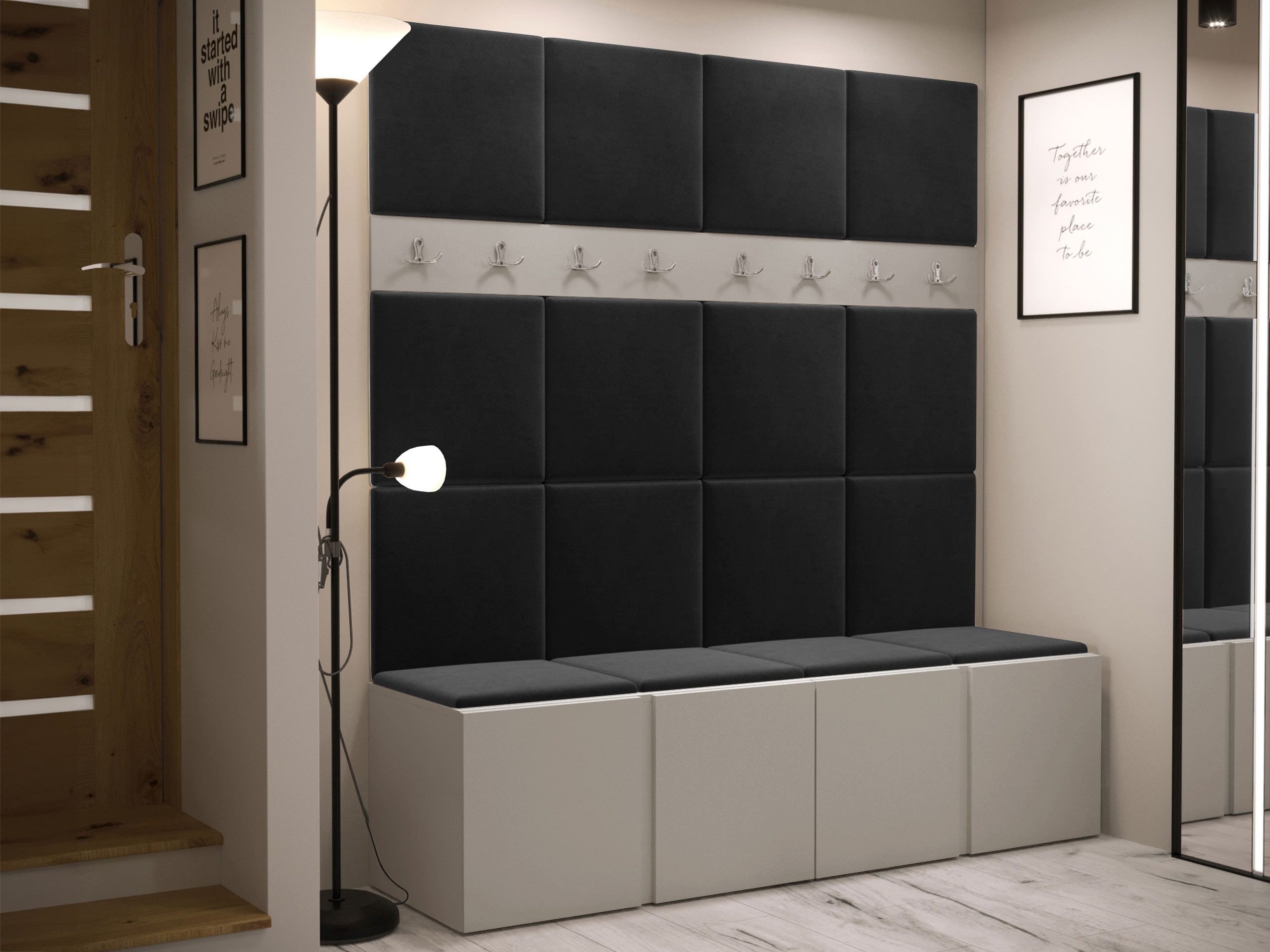 MIRJAN24 Garderoben-Set Orion V, (Komplett-Set, 2x Schuhschrank, 2x Kleiderhakenbrett, Gepolstertes Paneel 16x 42x42), Auswahl aus Fronten und Polsterplatten