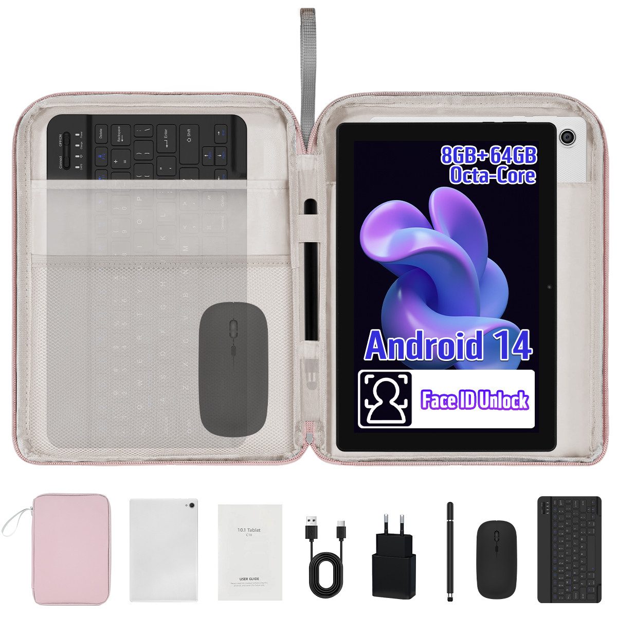 BUFO 10 Zoll 1280x800 HD 5000mAh WiFi 6 mit Tastatur, Maus und Stylus Tablet (10.1", 64 GB, Android 14, 5G WiFi, Android 14 mit Tastatur Set, KI-Unterstützung, 8GB+64GB)