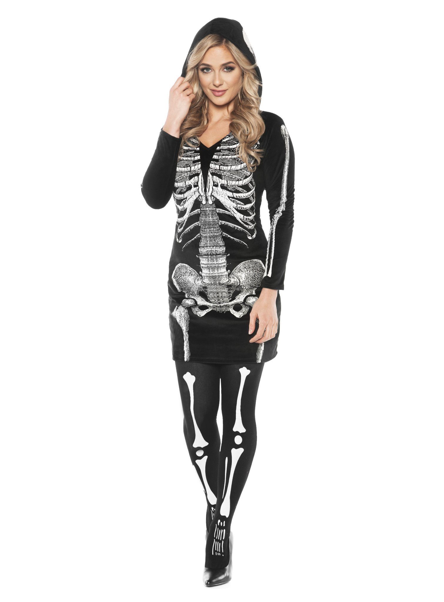 Underwraps Kostüm Skelett Kapuzenkleid - Halloween Sensenfrau Kostüm, Kleid günstig online kaufen
