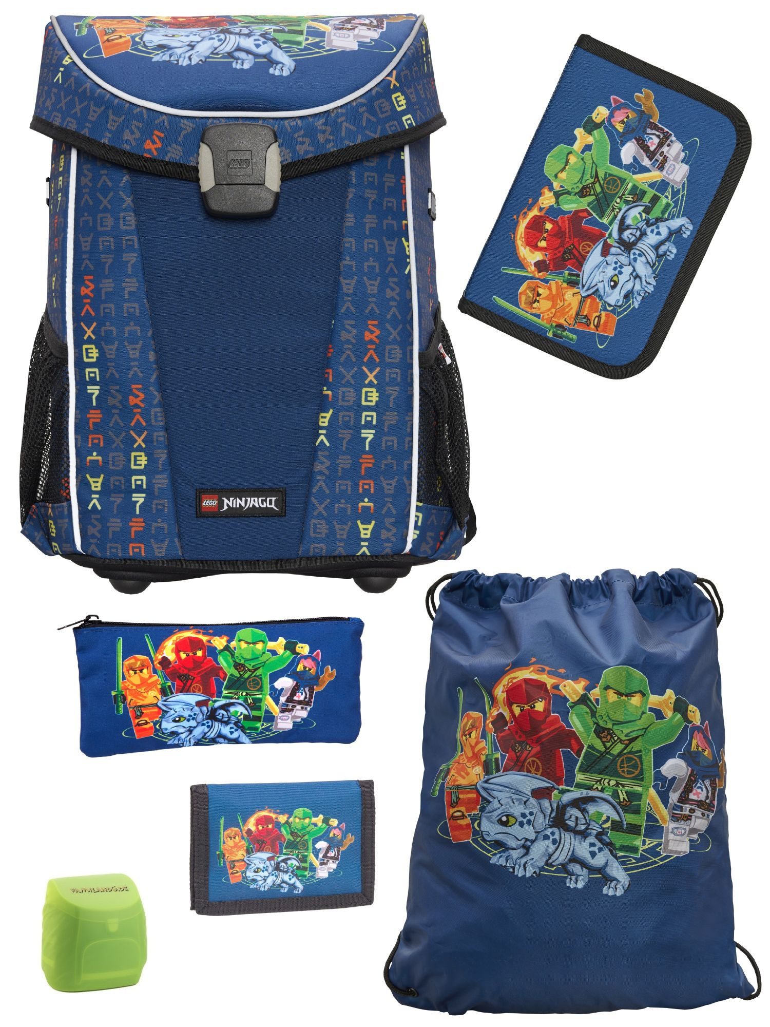 LEGO® Bags Schulranzen Easy Light Lego Ninjago Schultasche Blau ab der 1. Klasse (Set, 6-tlg., inkl. Federmappe, Schlamper & Geldbeutel), mit Brustgurt, 870 Gramm leicht, 29L Volumen