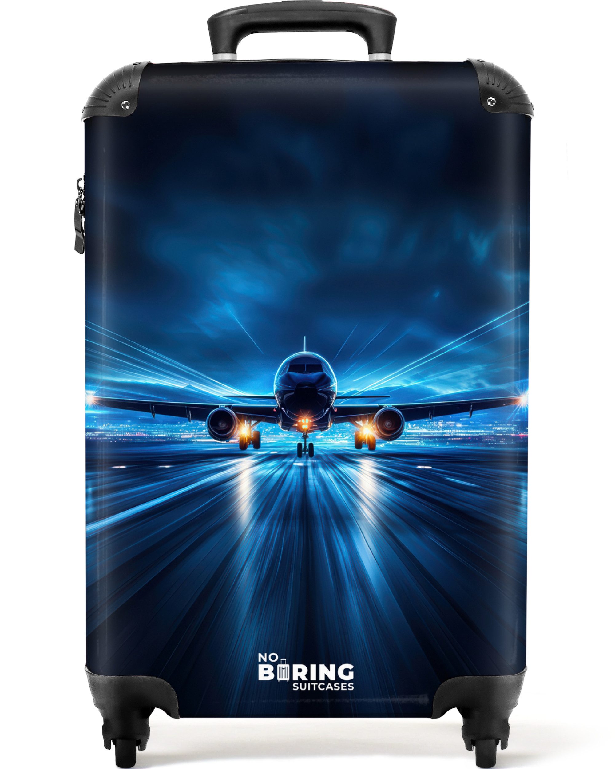 Kinderkoffer Ein Flugzeug hebt in einer futuristischen Nachtlandschaft ab 55x35x20c