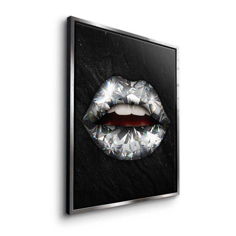 - DOTCOMCANVAS® Pop Leinwandbild, - Lippen Diamant silberner Rahmen Leinwandbild modernes - X Premium Art Wandbil