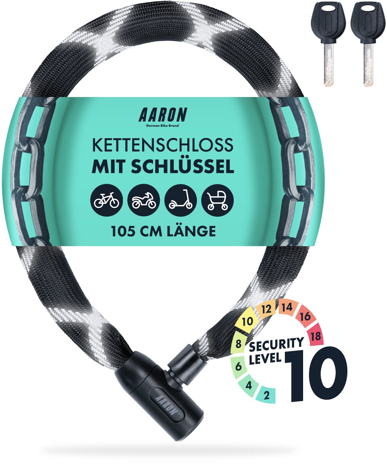 AARON Kettenschloss Cobra Fahrradschloss mit Schlüssel 105 cm Fahrrad Sicherheit