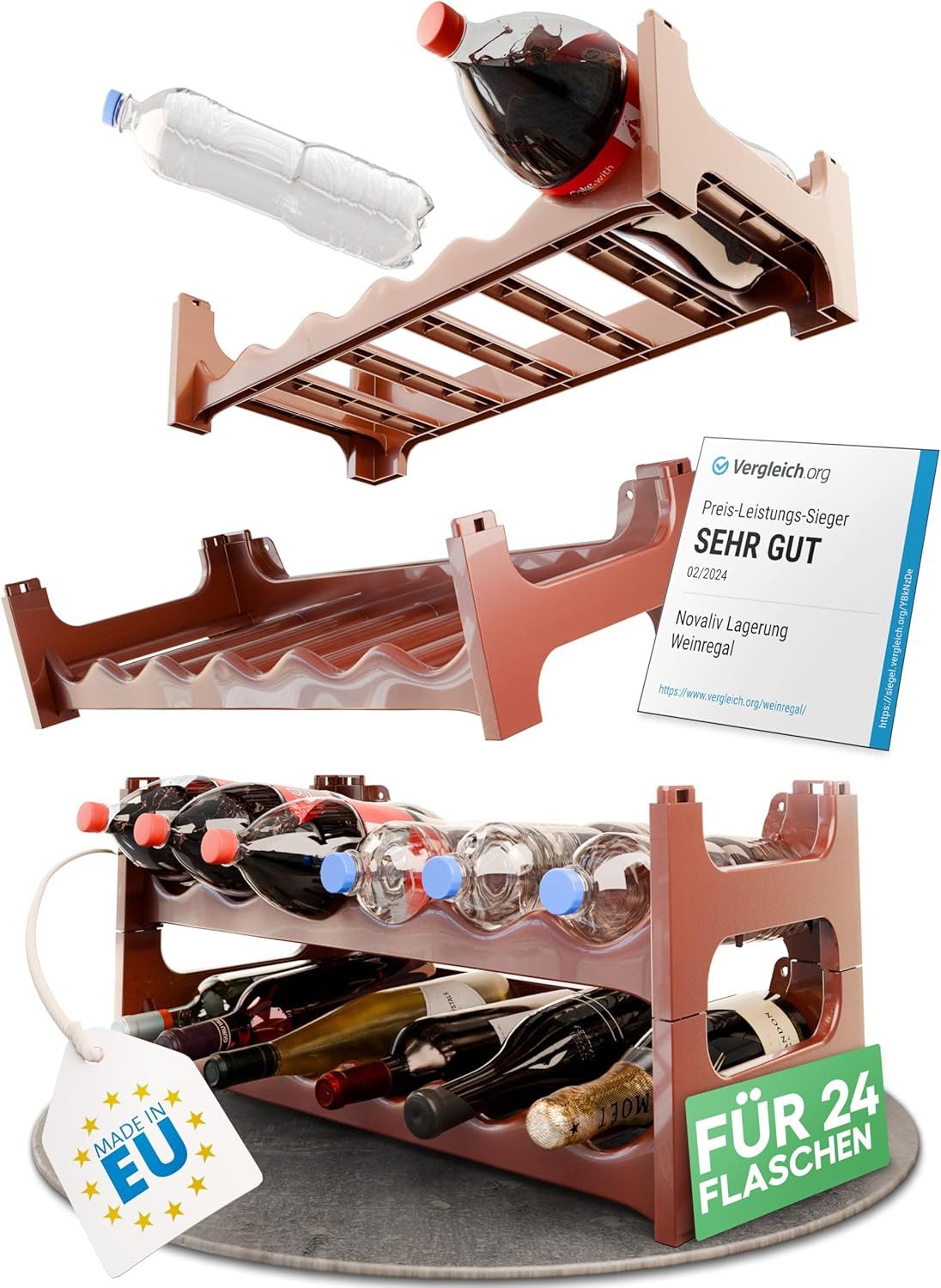 Novaliv Weinregal 4008874269703-4xStuck, 4-tlg., Flaschenregal für 24 Flaschen, Braun, erweiterbar, stapelbar, Getränke