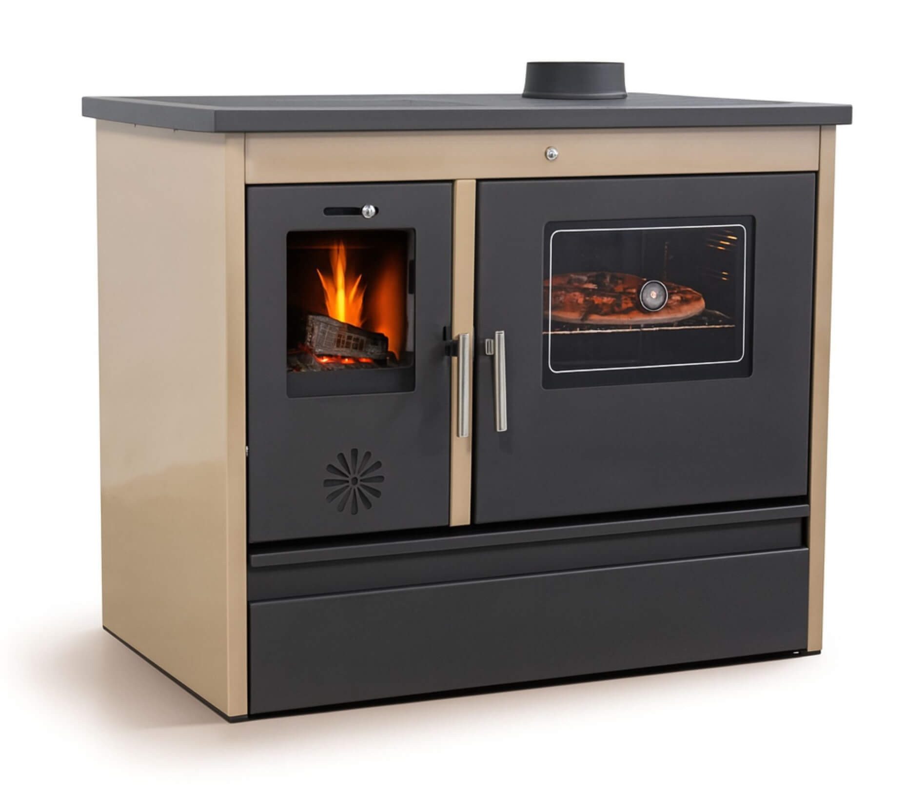 Hosseven Kaminofen mit Backfach und Herdplatte 4050 Lotus Classic Beige Holzofen, 11 kW, Dauerbrand, Holz Ofen Mehrfachbelegung Kamin Heizofen Küchenherd