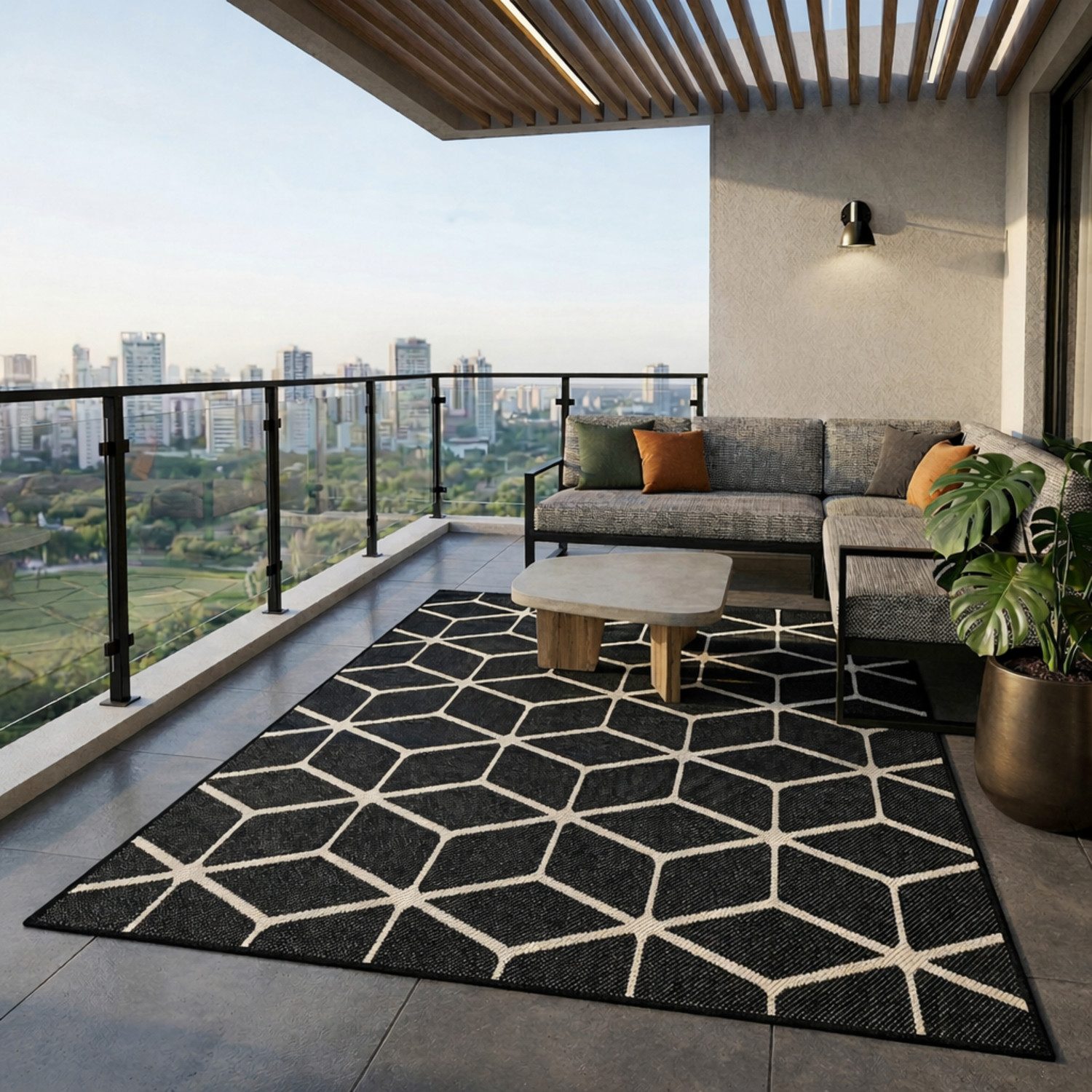 Vimoda Outdoorteppich In- & Outdoor Teppich Bienenstock Optik Raute Muster, für Balkon Küche, Rechteckig, Höhe: 5 mm, Robuster Flachgewebe Läufer Outdoor in Creme & Schwarz