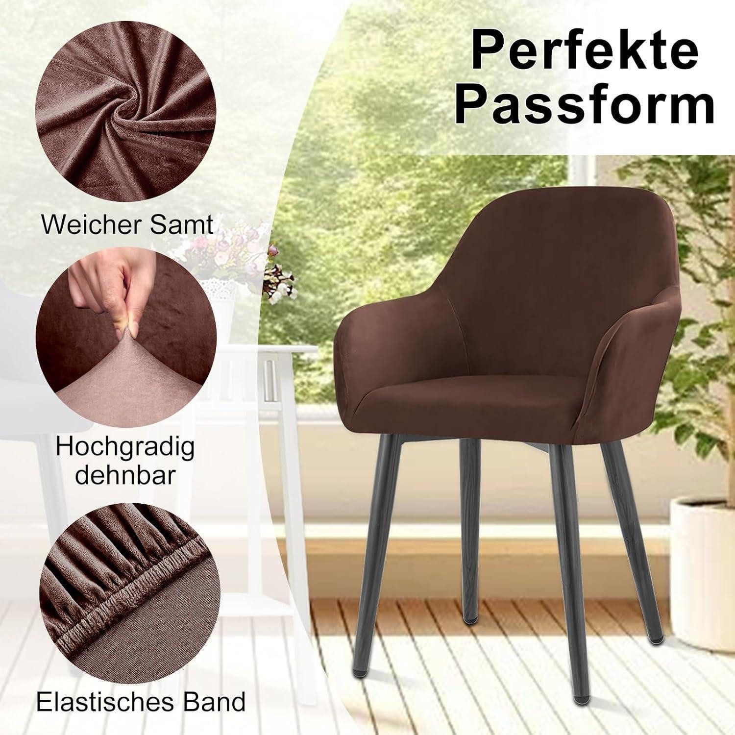 LuxusKollektion Stuhlhusse Stuhlhussen Samt Stretch Sesselbezug Armlehnen 4erSet Braun 4-Pack – Bild 5 von 5