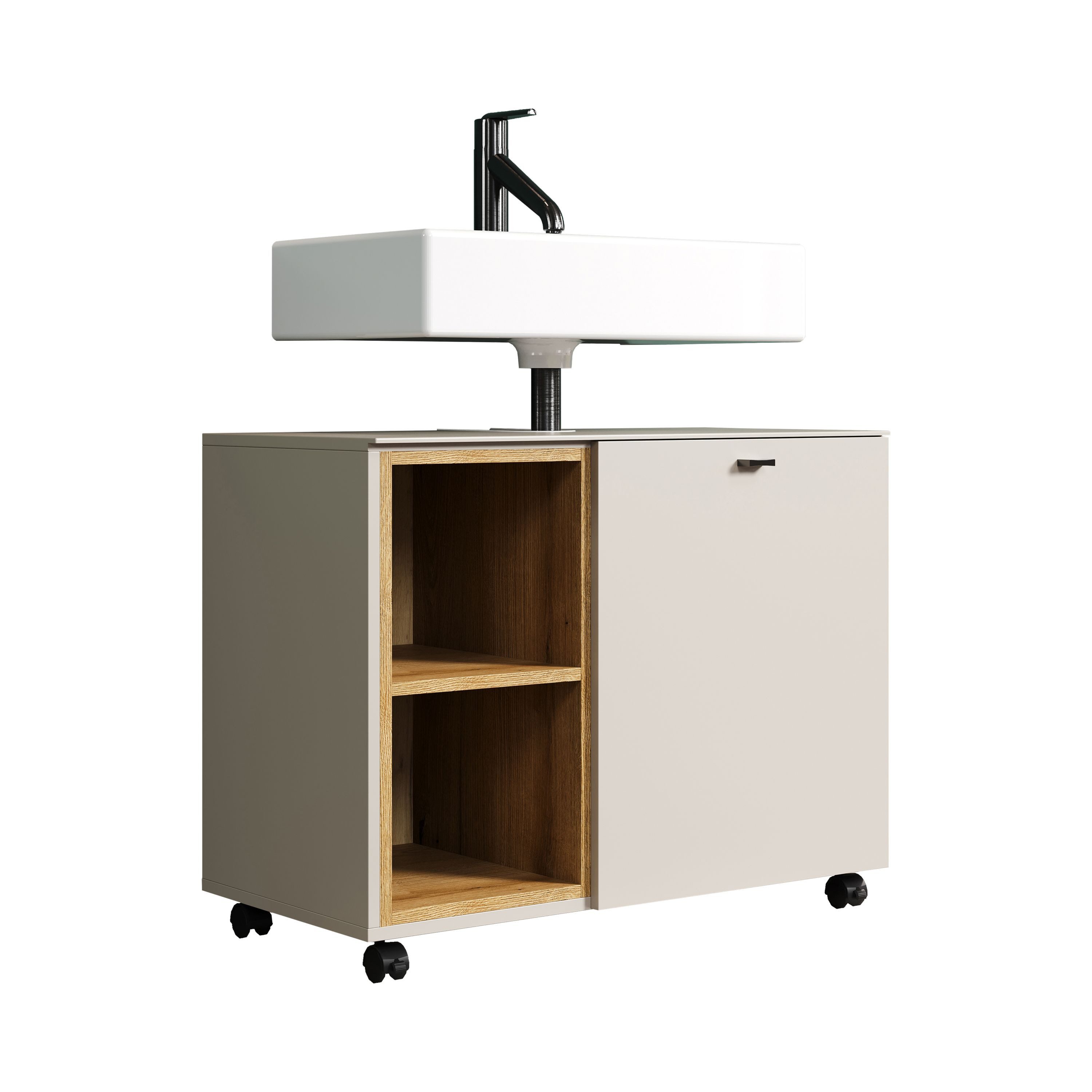 trendteam Waschbeckenunterschrank auf Rollen, in Kaschmir Melamin & Evoke Oak Dekor 80x64x42 cm