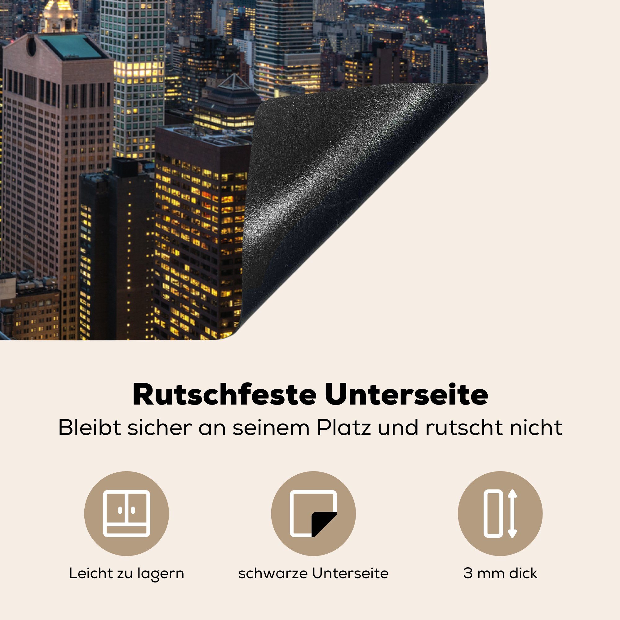 Ceranfeldabdeckung Architektur - Induktionskochfeld New für Herdblende-/Abdeckplatte die MuchoWow York, (1 küche, - Schutz tlg), Wolkenkratzer Nacht 81x52 cm, Vinyl, -