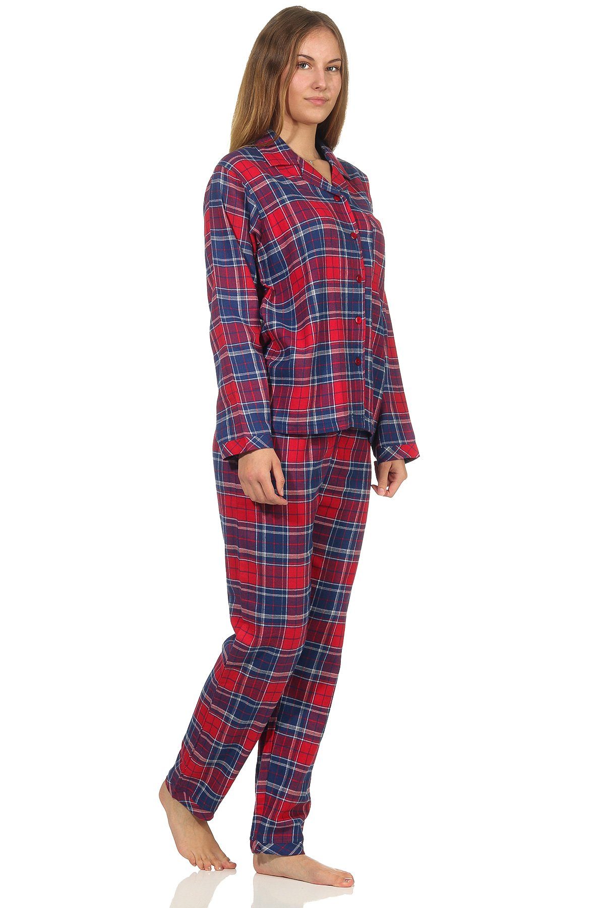 Schlafanzug Knopfleiste Hemdkragen Karo Pyjama kariert Normann mit blau Flanell Damen und