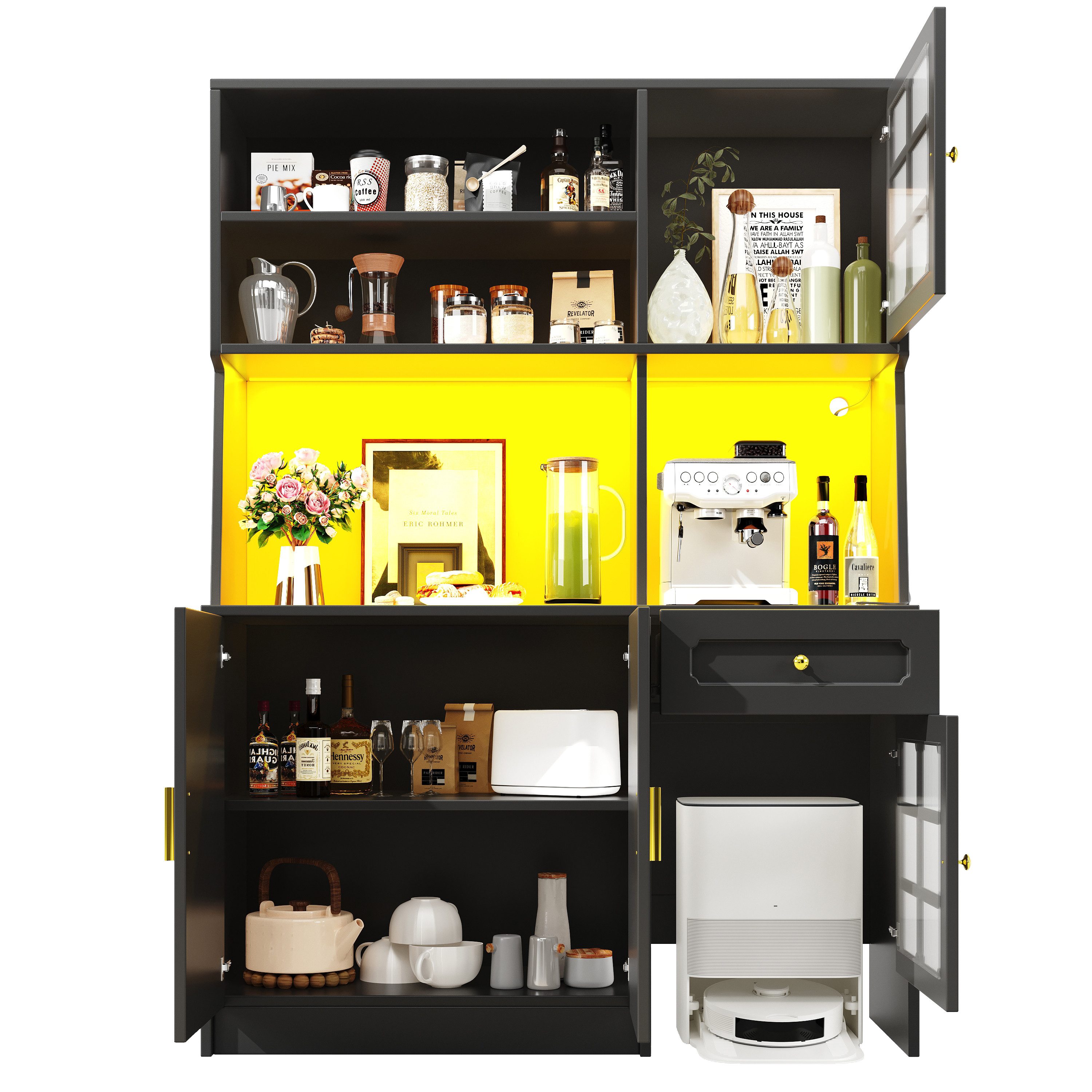 i@home Hochschrank Küchenschrank, Sideboard, Schwarz mit Glastüren und LED-Beleuchtung, (130 x 45 x 180 cm)