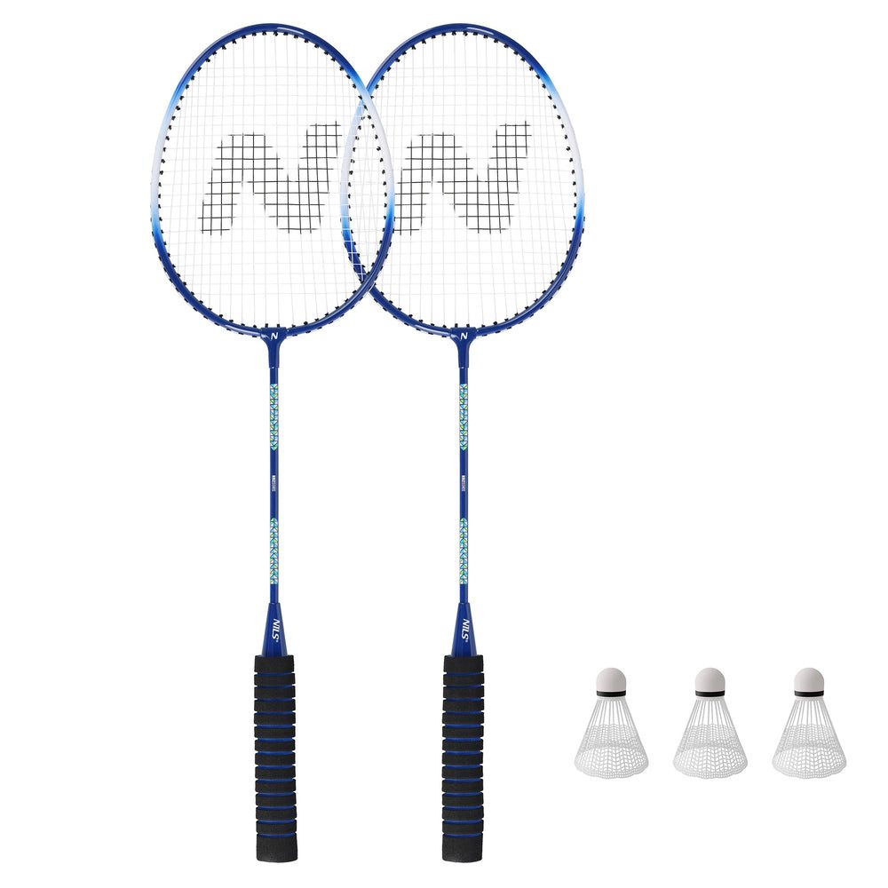 Nils Badmintonschläger Federballschläger Set Freizeitschläger, (Spar-Set, 2-tlg., 66 cm leicht), Aluminiumrahmen, Stahlschaft, 2er-Set, 3 Federbälle