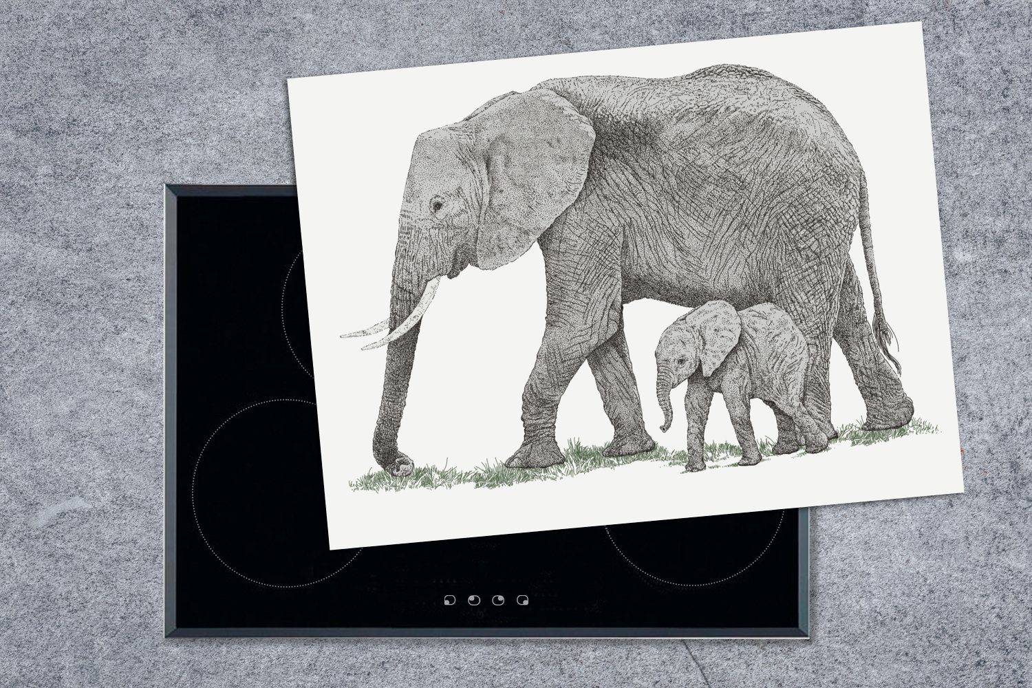cm, tlg), - (1 Arbeitsfläche - MuchoWow Illustration Elefant nutzbar, 70x52 Vinyl, Baby, Ceranfeldabdeckung Mobile Herdblende-/Abdeckplatte