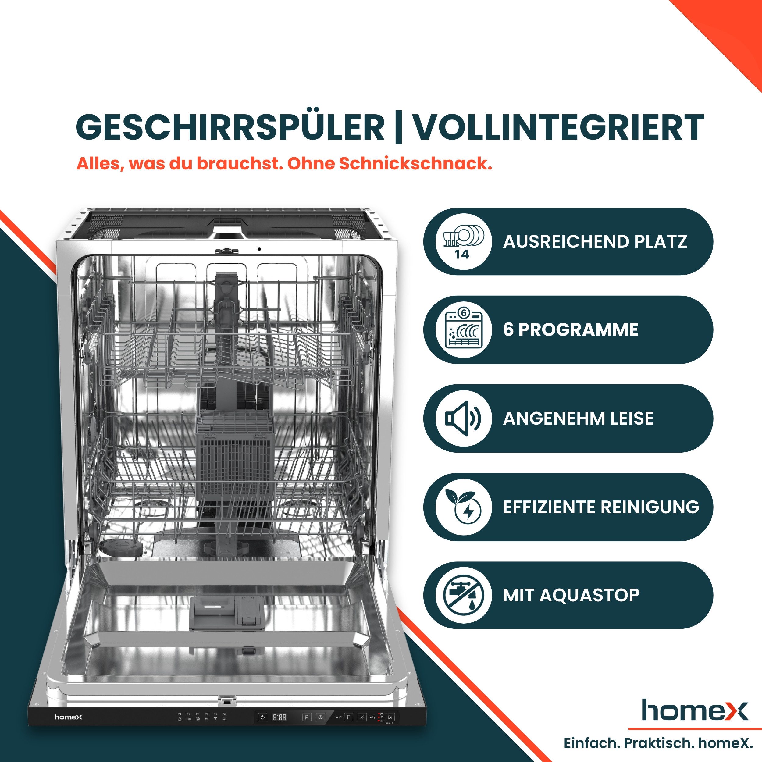 homeX vollintegrierbarer Geschirrspüler DWFI601449E, 12 l, 14 Maßgedecke, Einbau Spülmaschine vollintegriert 60 cm, 6 Programme, AquaStop, 49 dB