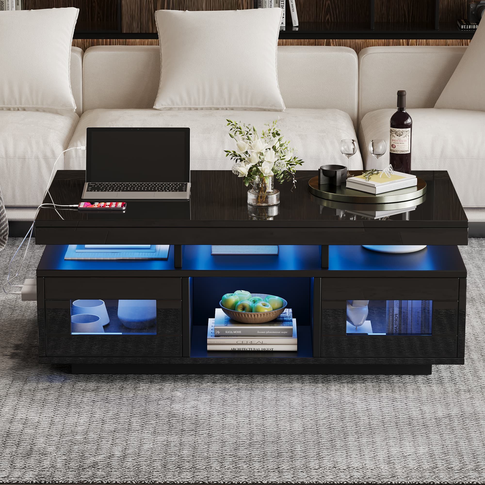 ANYSUN Couchtisch Sofatisch Wohnzimmertisch mit Schrank (Spar-Set, 1 tisch), mit LED-Leuchten, 100×50×43cm