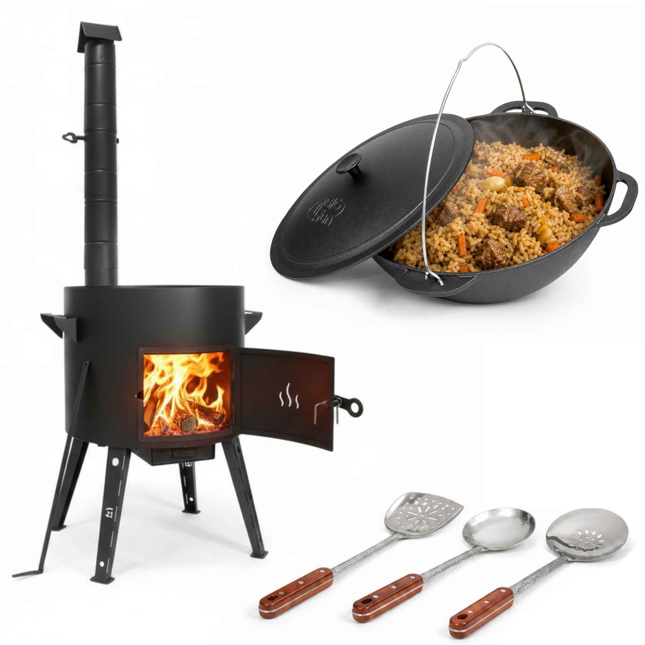 Feuerstelle Premium Gusseisen Kazan Set 15L Gusseisendeckel Ofen Utschak 2mm Stahl