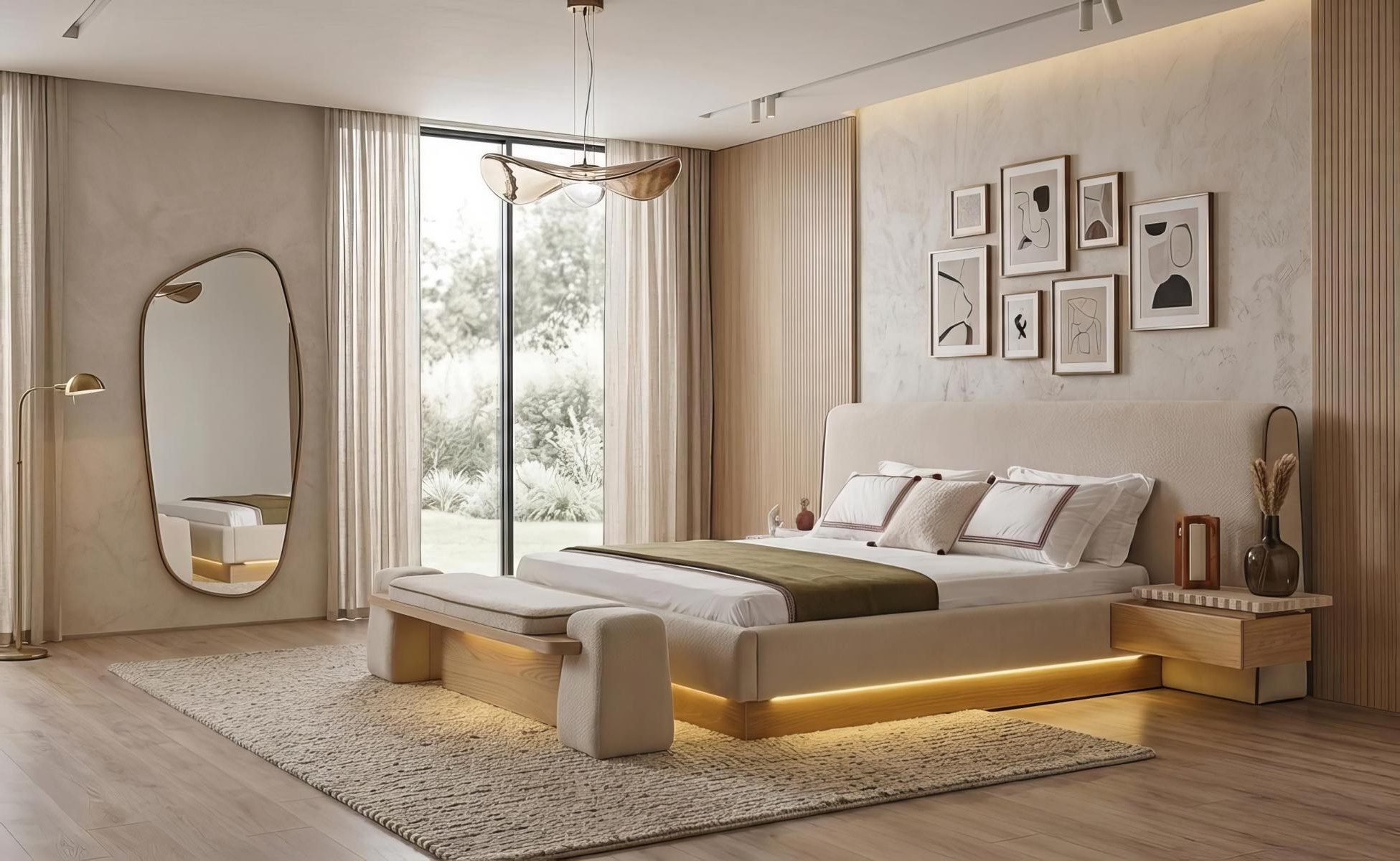 Xlmoebel Bettbank Beige Sitzbank im modernen Design mit LED für das Schlafzimmer, Made in Europa