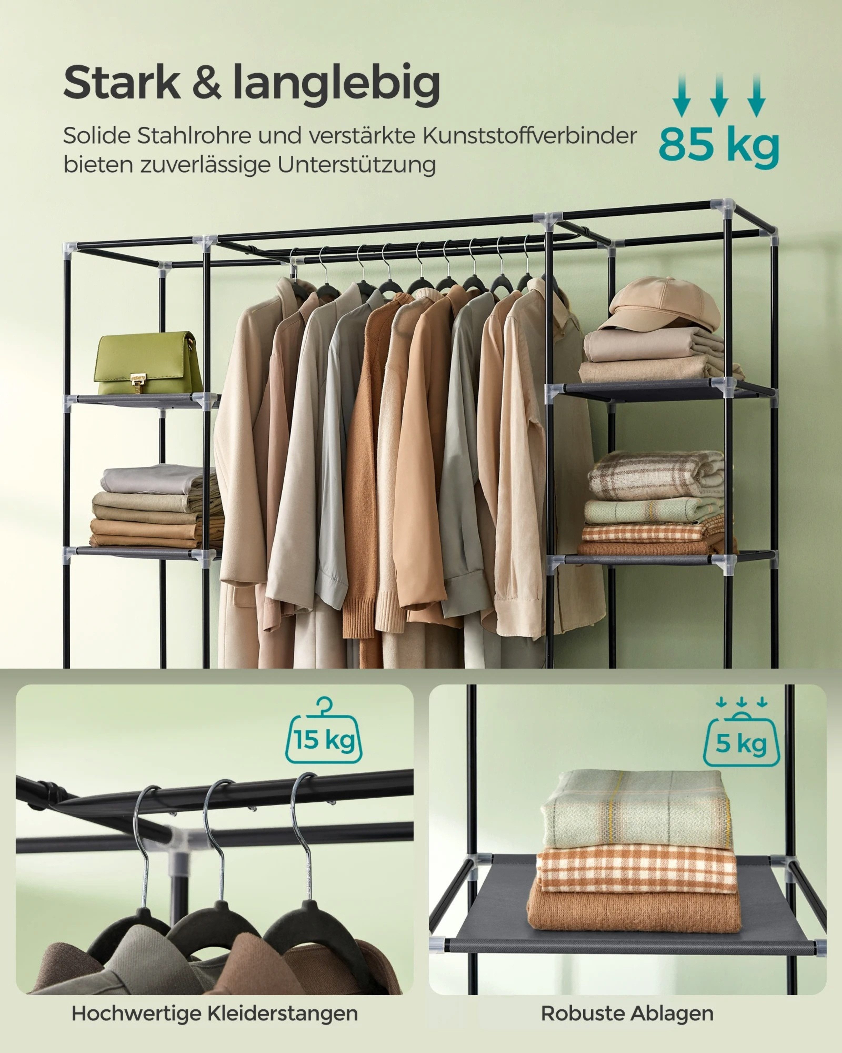 Nagham Ghazal Aswad Kleiderschrank Kleiderschrank mit Kleiderstange, Ablagen, Stoffschrank 2025 Leicht zu reinigen, 12 Fächer für optimale Ordnung – Bild 5 von 5