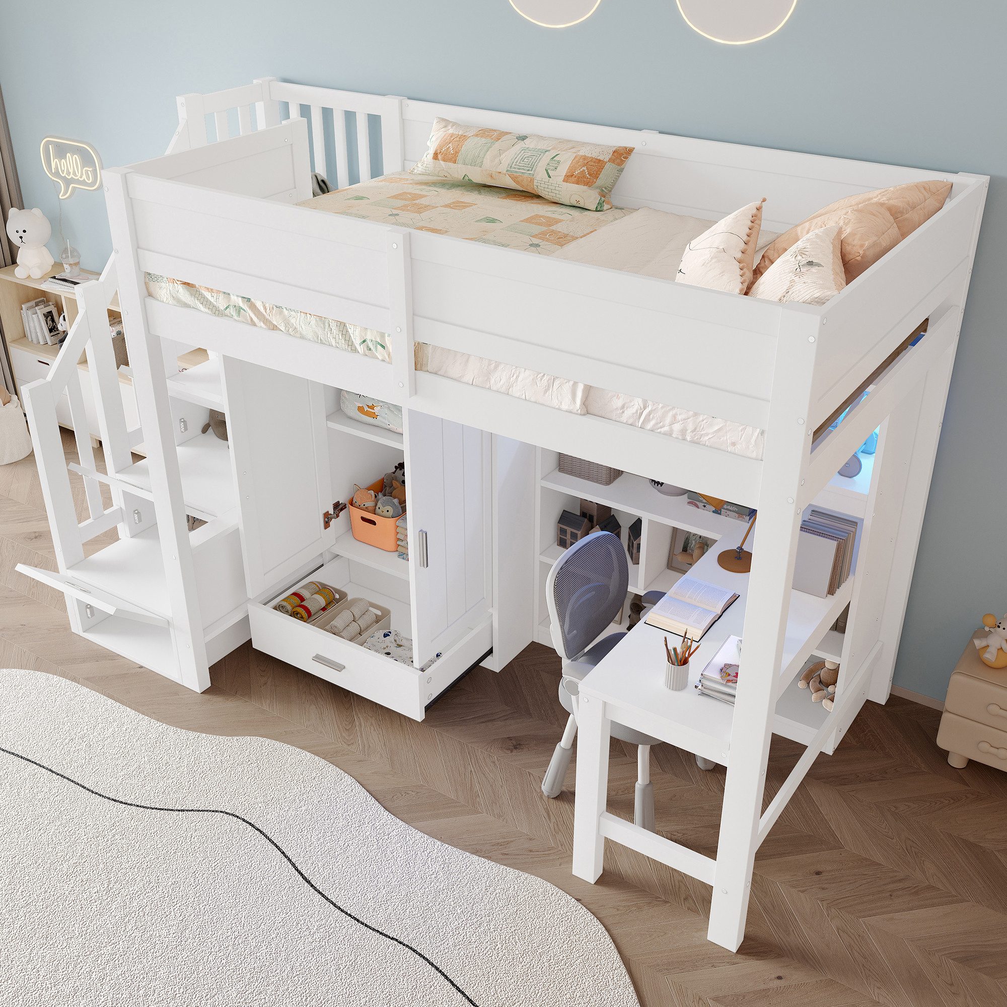 Flieks Hochbett Kinderbett 90x200cm Kleiderschrank Schreibtisch Regal Stauraumtreppe – Bild 4 von 5