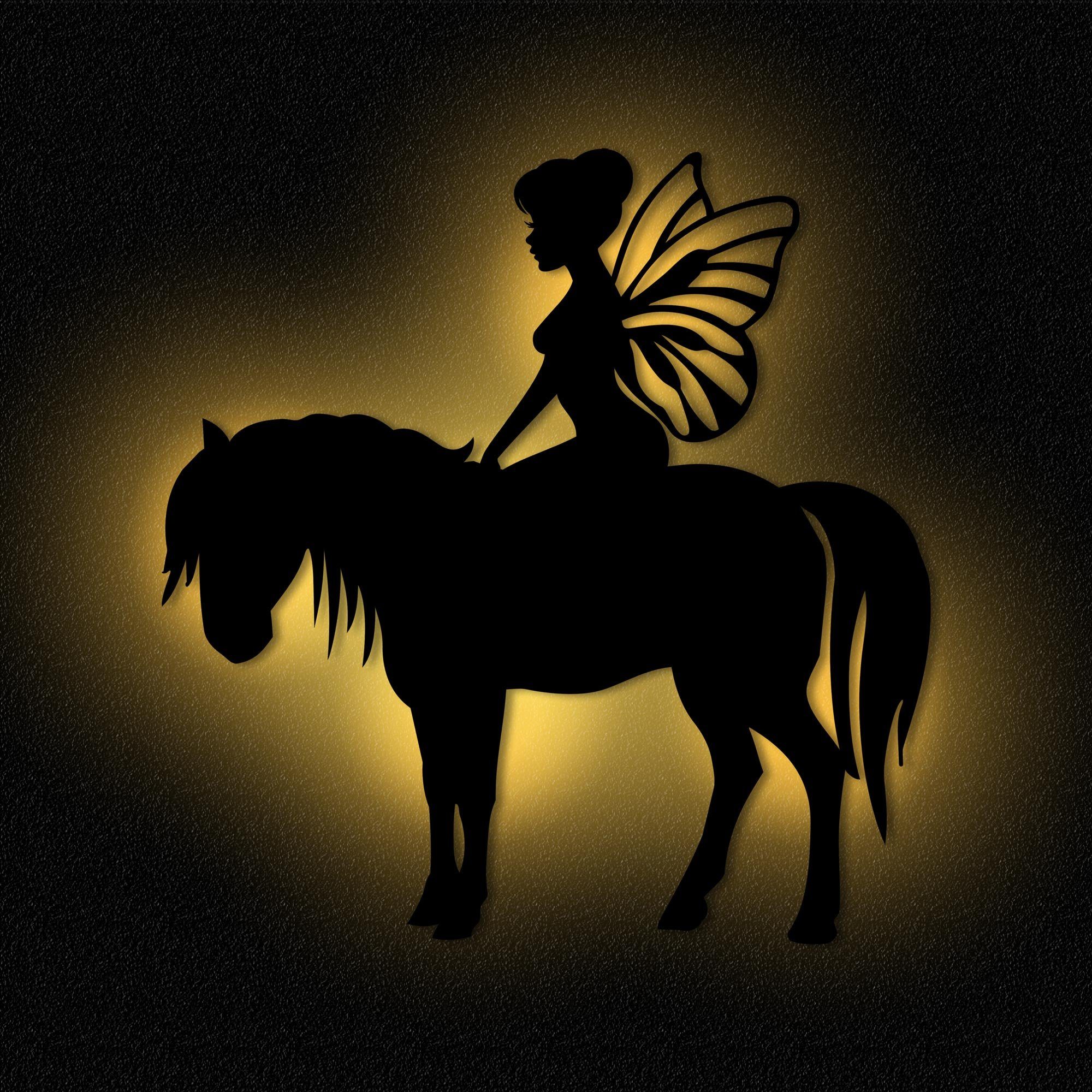 Namofactur LED Nachtlicht 'Fee auf Pferd' Wandlampe für Mädchen Kinderzimmer, LED fest integriert, Warmweiß, Leuchtdeko aus MDF Holz für die Wand | Nachtlichter