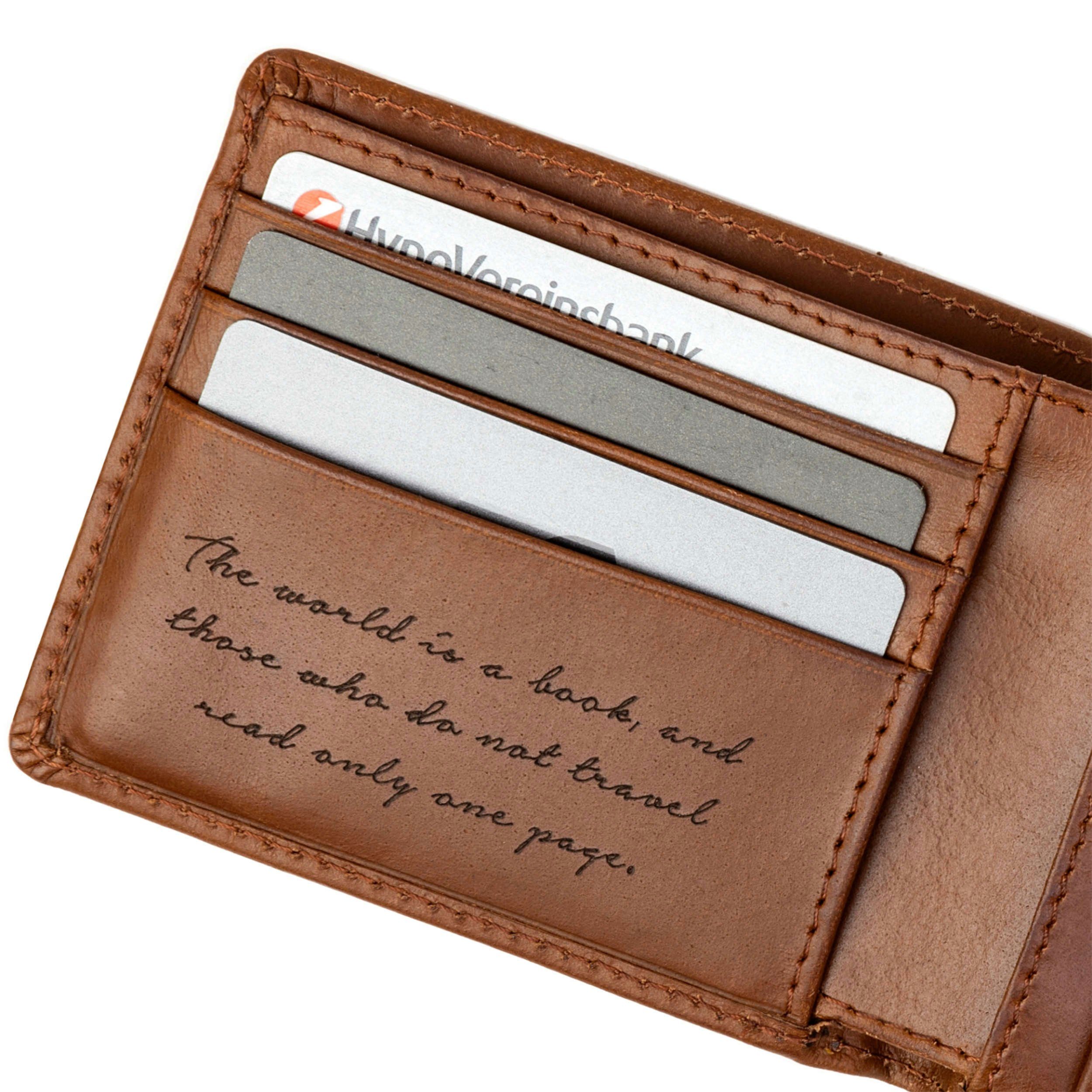 DRAKENSBERG Geldbörse Herren mit Leder Schutz Geldbeutel RFID und graviertem Reisezitat für »Joe« Brieftasche Vintage-Braun