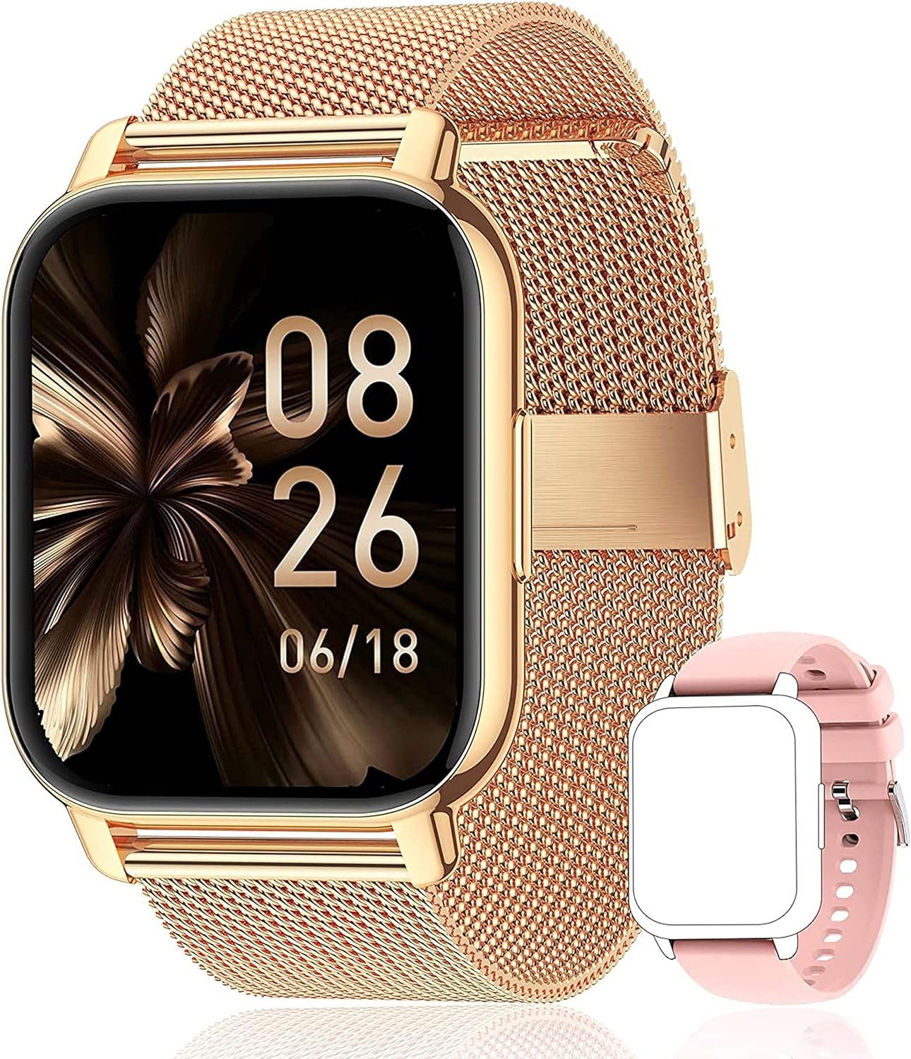 Popglory Smartwatch für Damen Herren Smartwatch (1.85 Zoll, Andriod iOS),  mit Telefonfunktion,Fitnessuhr SpO2 Blutdruckmessung Herzfrequenz