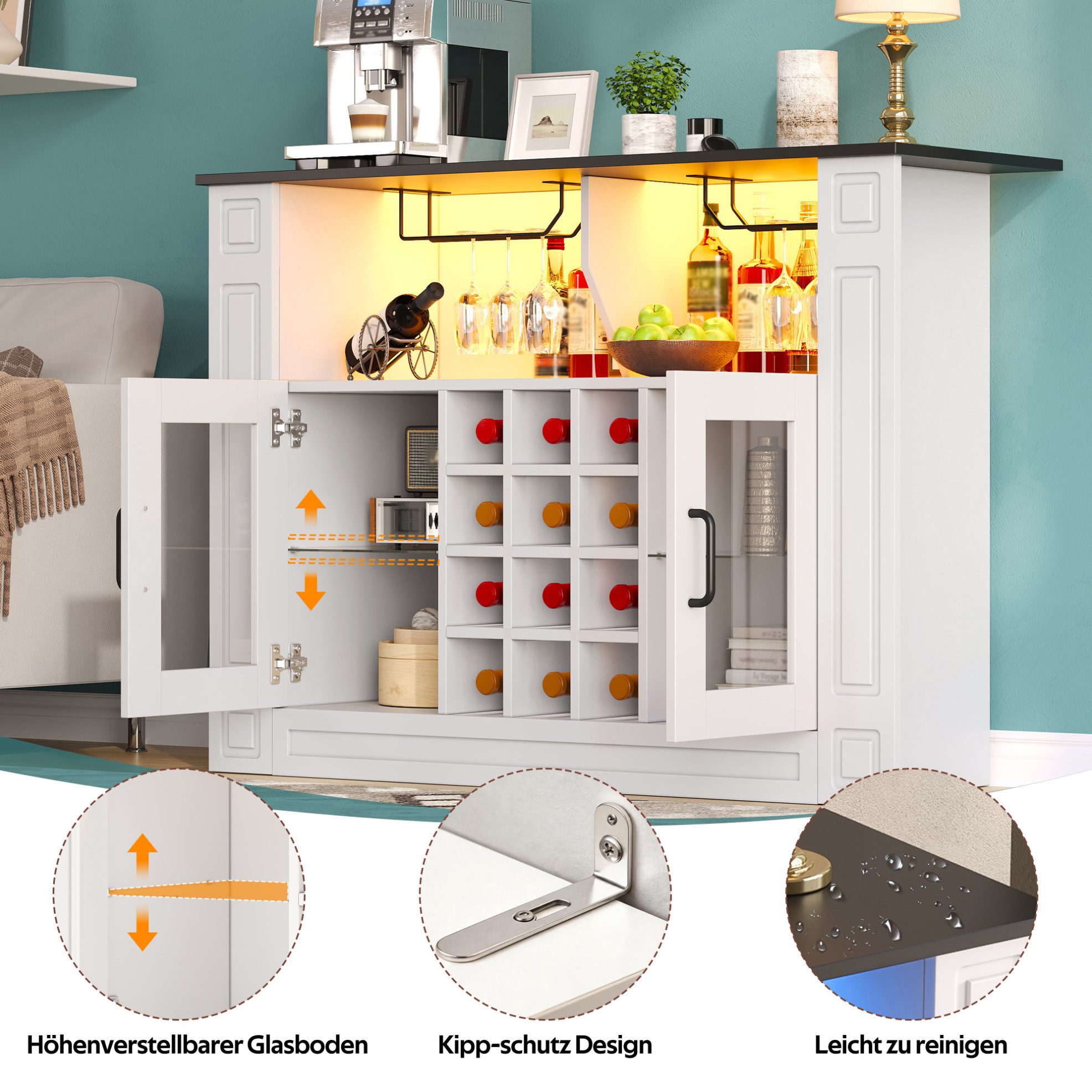 REDOM Weinschrank Weinregal Schrank mit LED Beleuchtung 120×35×84 cm (Packung, 1-St., Barschrank Möbel für Küche Esszimmer und Wohnzimmer) Servierschrank mit Weinhalterung und flexiblen Regalböden