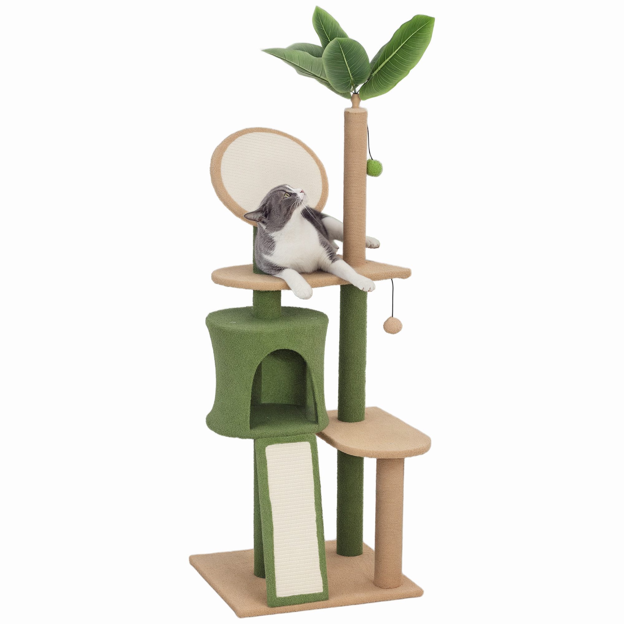 PawHut Kratzbaum 139 cm, mit Katzenhöhle, Spielball, Sisal-Kratzsäulen, für Katzen bis 5 kg, Grün