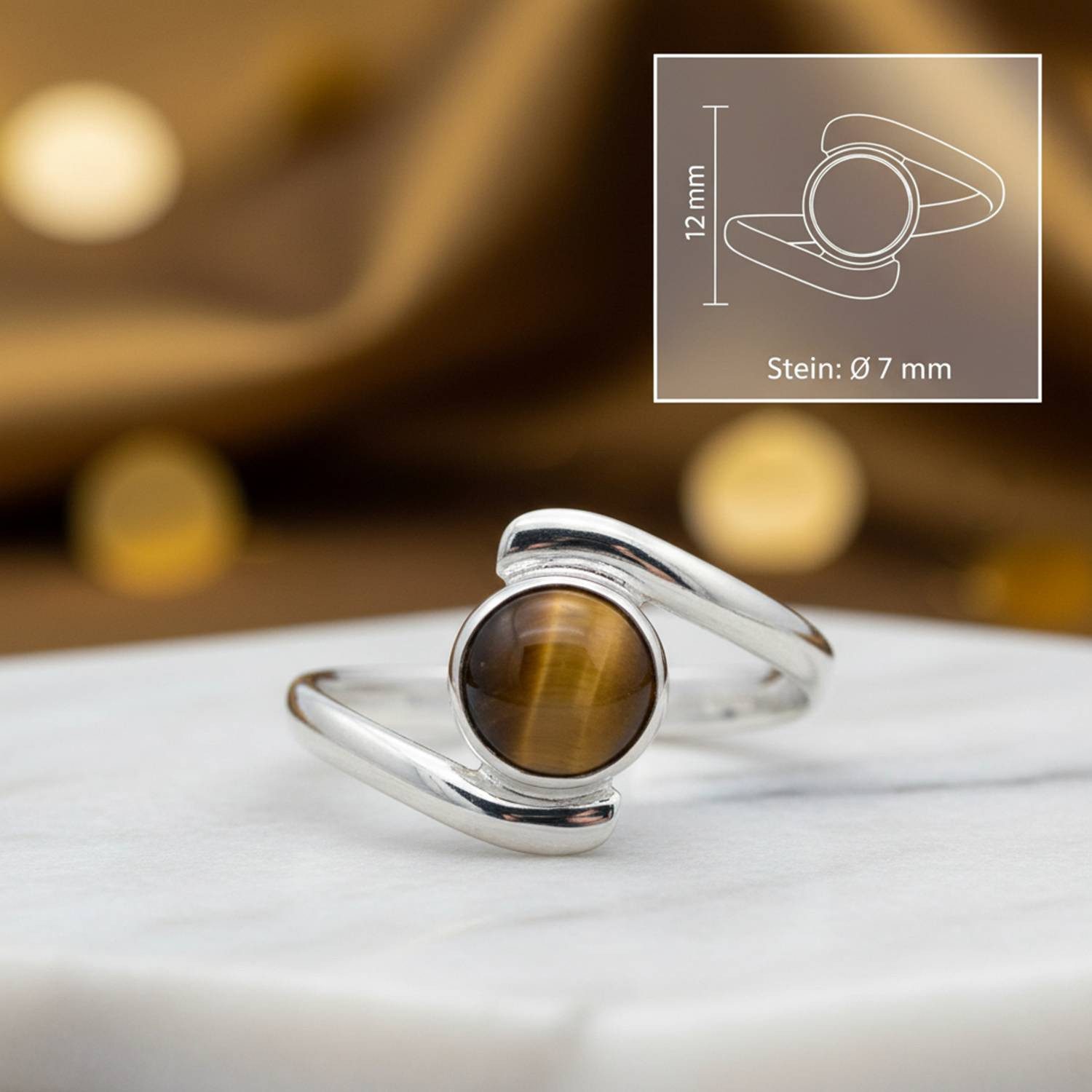 mantraroma Silberring SAMAYA aus 925 Silber mit Tigerauge (Ring mit Schmuckbeutel), Damenring aus 925er Silber